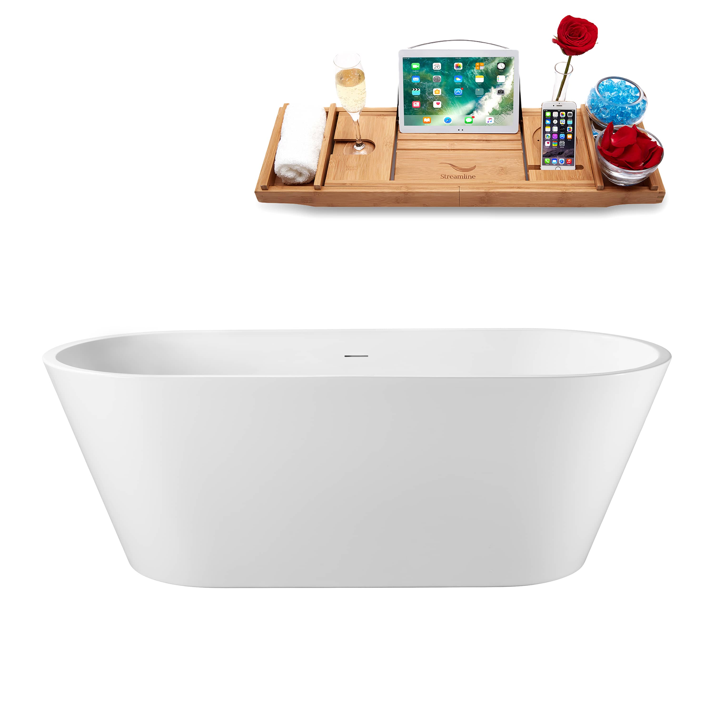 Streamline 67 inch  Soaking Glossy White Freestanding Tub and Tray With Internal Drain in Polished Gold