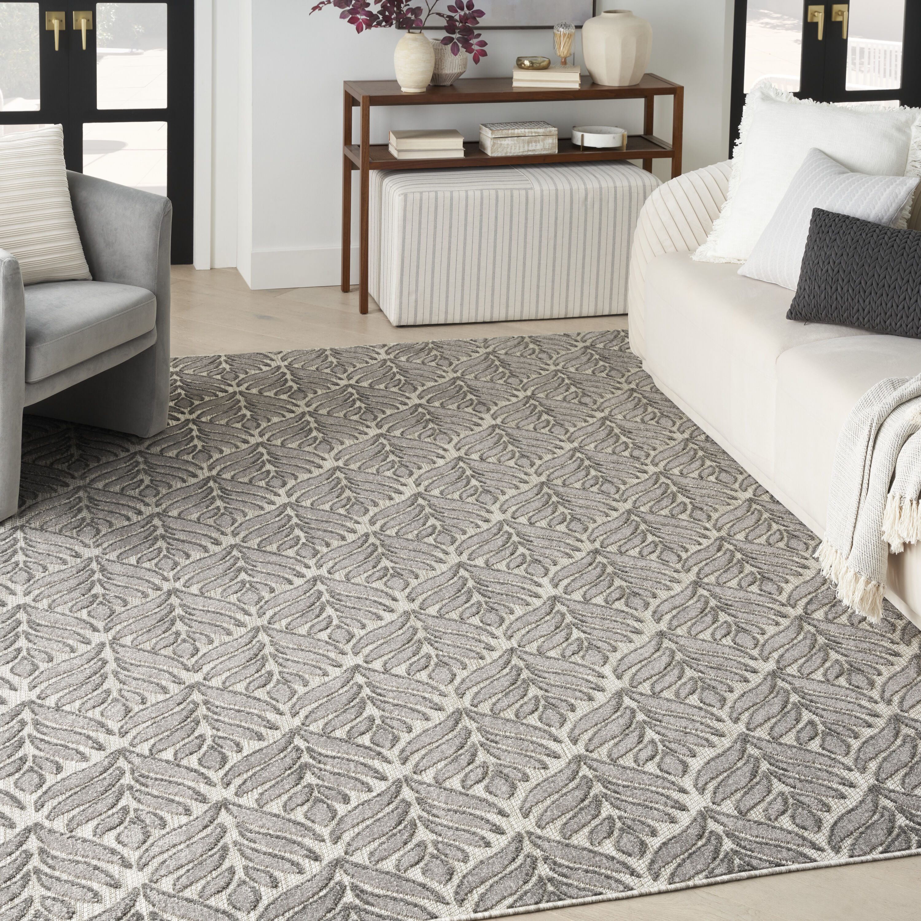 Nourison 099446174659 Aloha 6 x 9 (ft) Loomed Polypropylene Charcoal Rectangular Indoor/Outdoor Floral/Botanical Tropical Area rug
