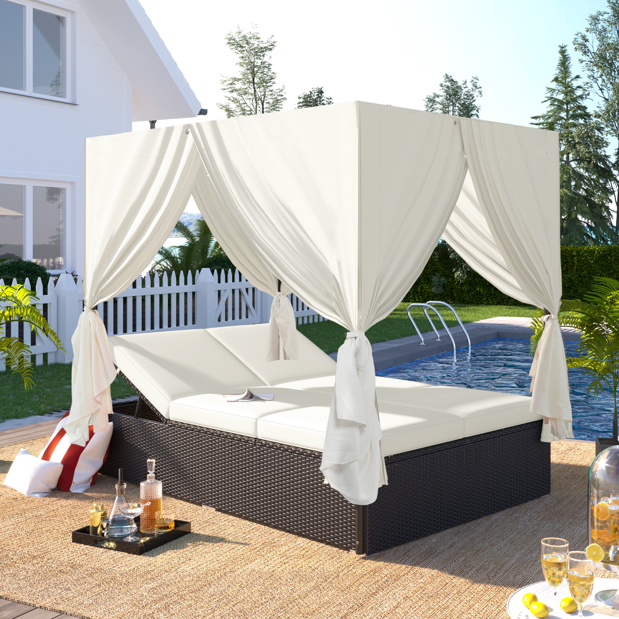 Mondawe - Rattan Outdoor Double Chaise Lounge Daybed with Adjustable Backrest and Curtains