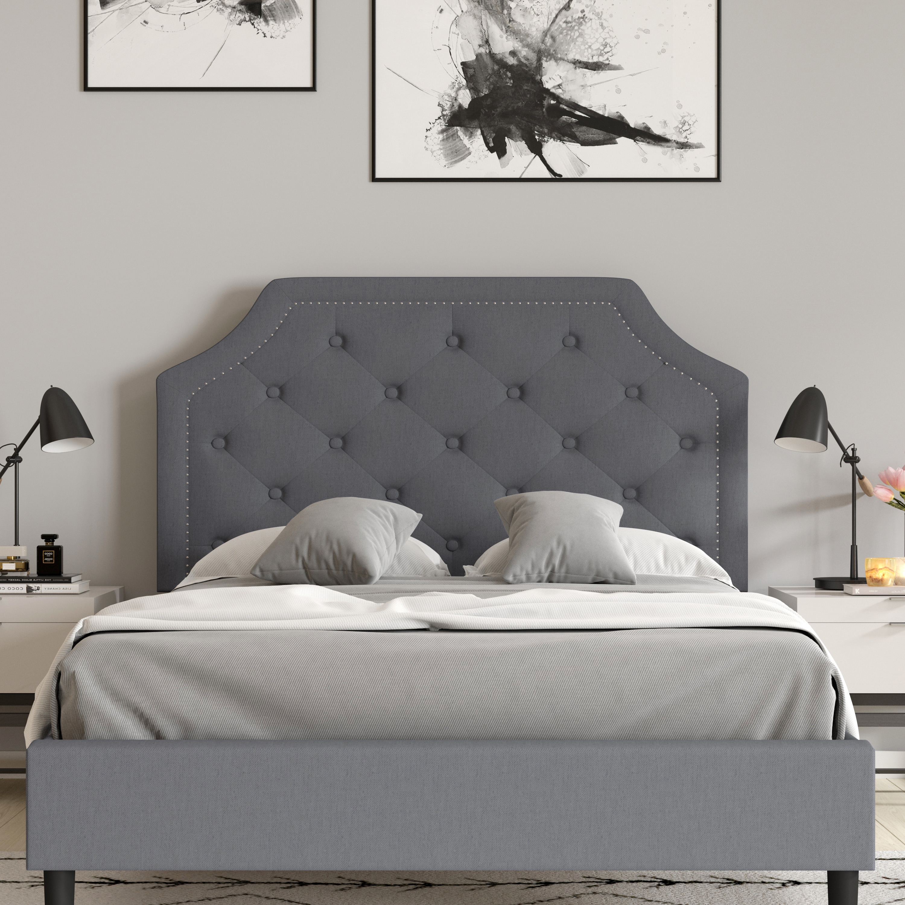Merrick Lane - Provence Full Size Platform Bed with Slatted Support Contemporary Light Gray Tufte...