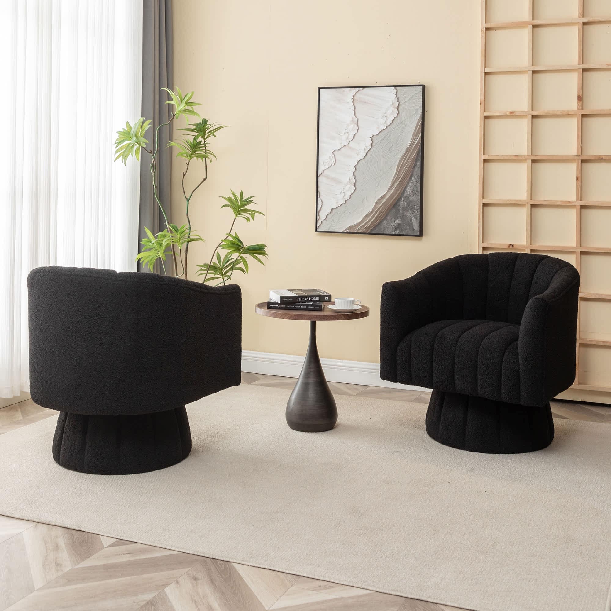 SEYNAR FJ570-BLACK-S2 Modern Glam Teddy Fabric Upholstered Round Swivel Accent Barrel Chair Set of 2