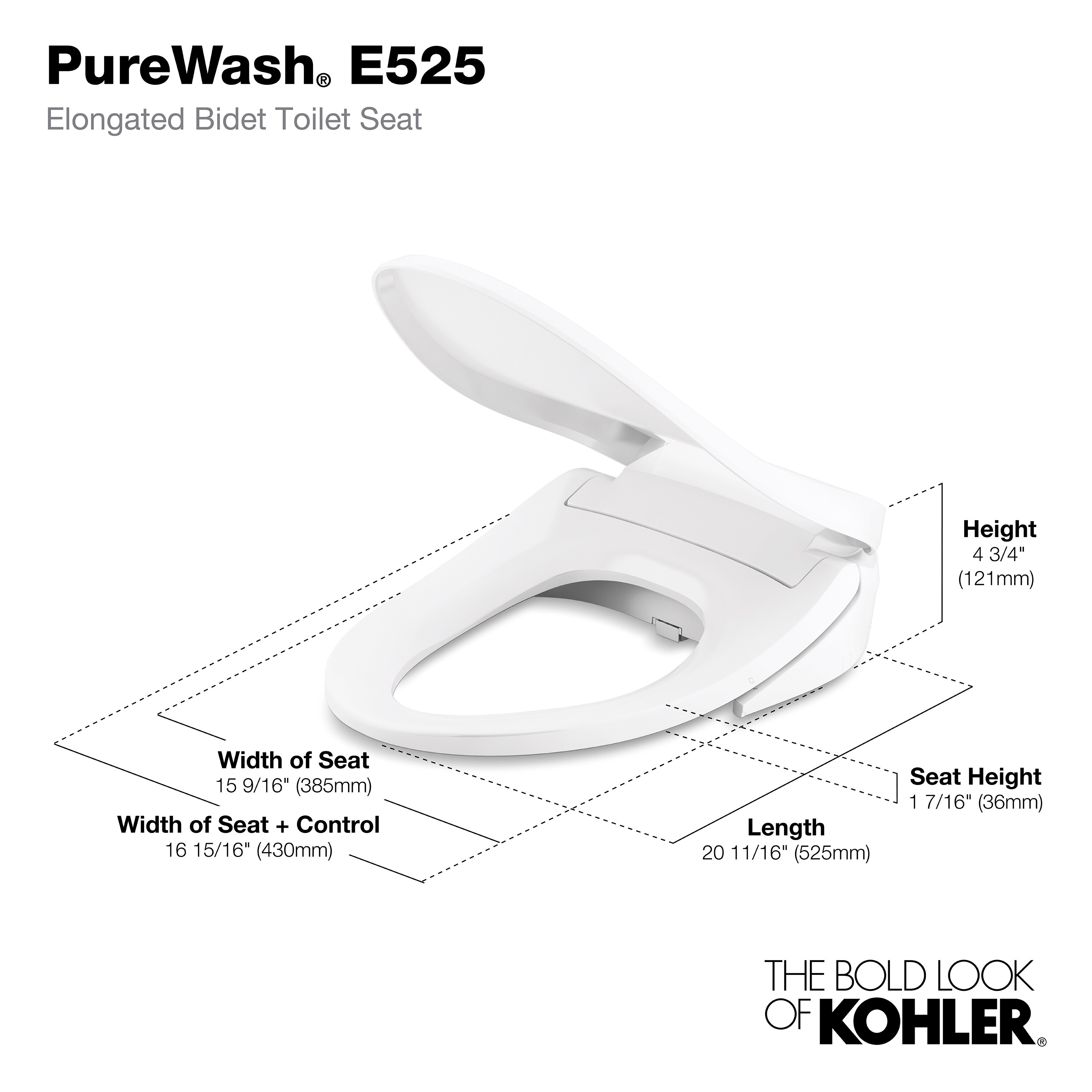KOHLER PureWash E525 Plastic White Elongated Soft Close Heated Bidet ...