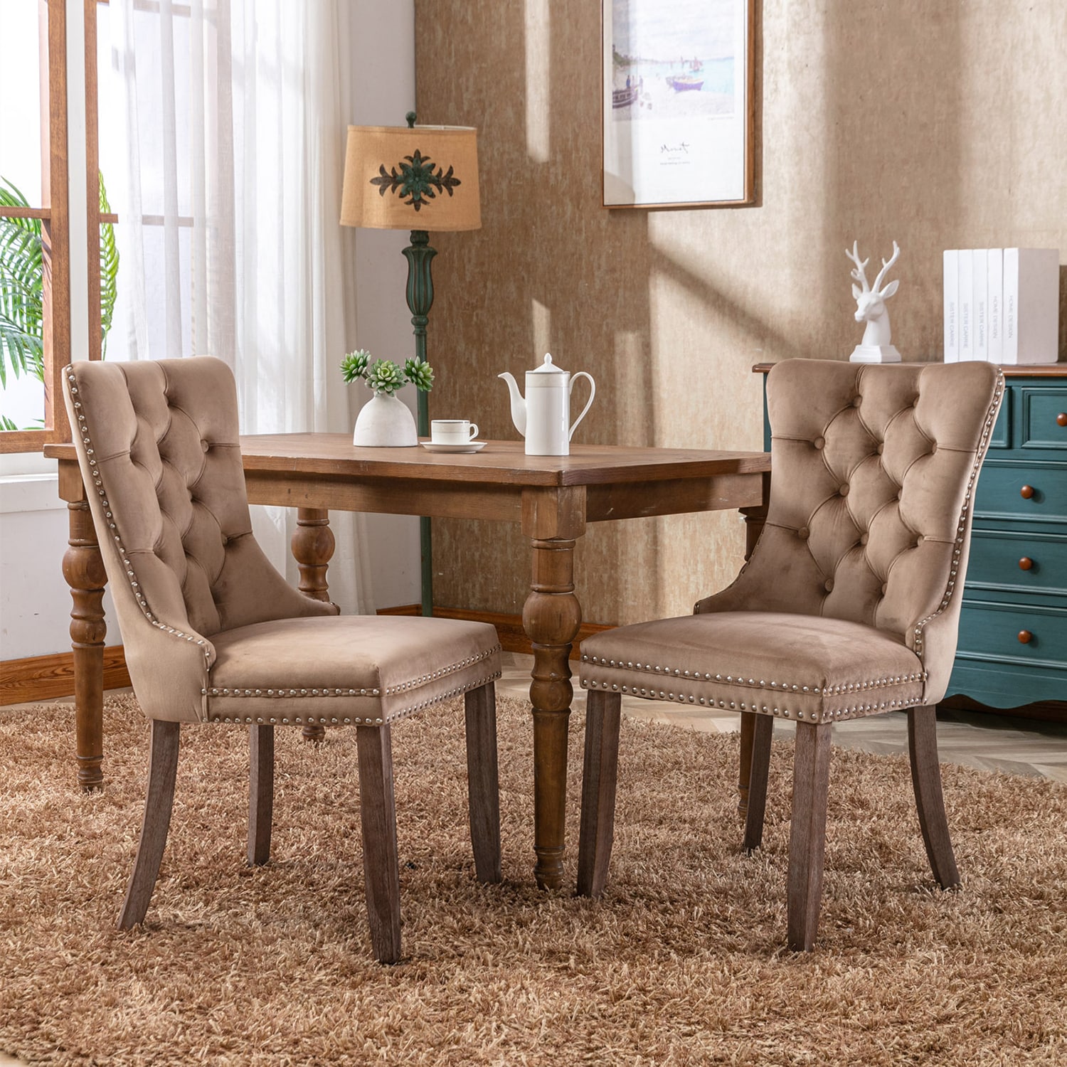 Sumyeg YY0007A-RE Dining Chair Contemporary/Modern Velvet Upholstered Dining Side Chair (Wood Frame)