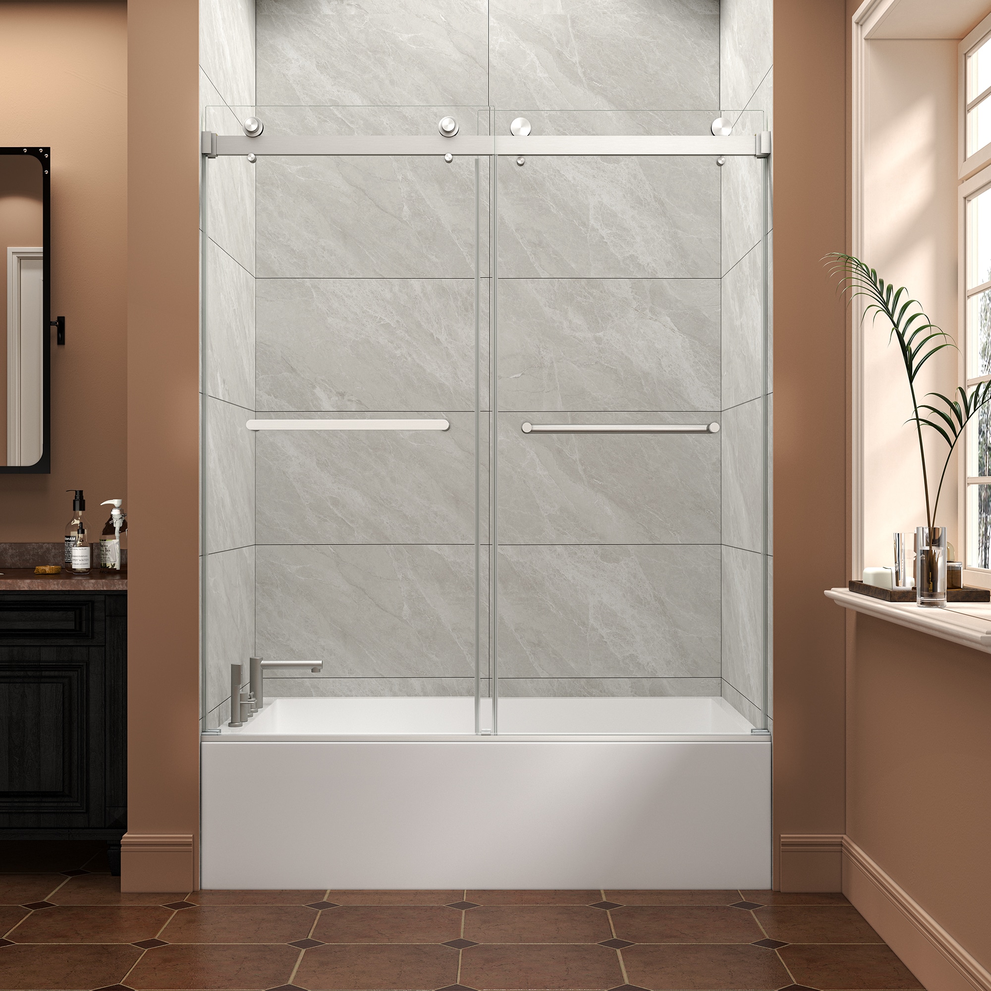 Afhocomp Brushed Nickel 55-in to 60-in W x 60-in H Frameless Clear Glass Bypass Sliding Bathtub door