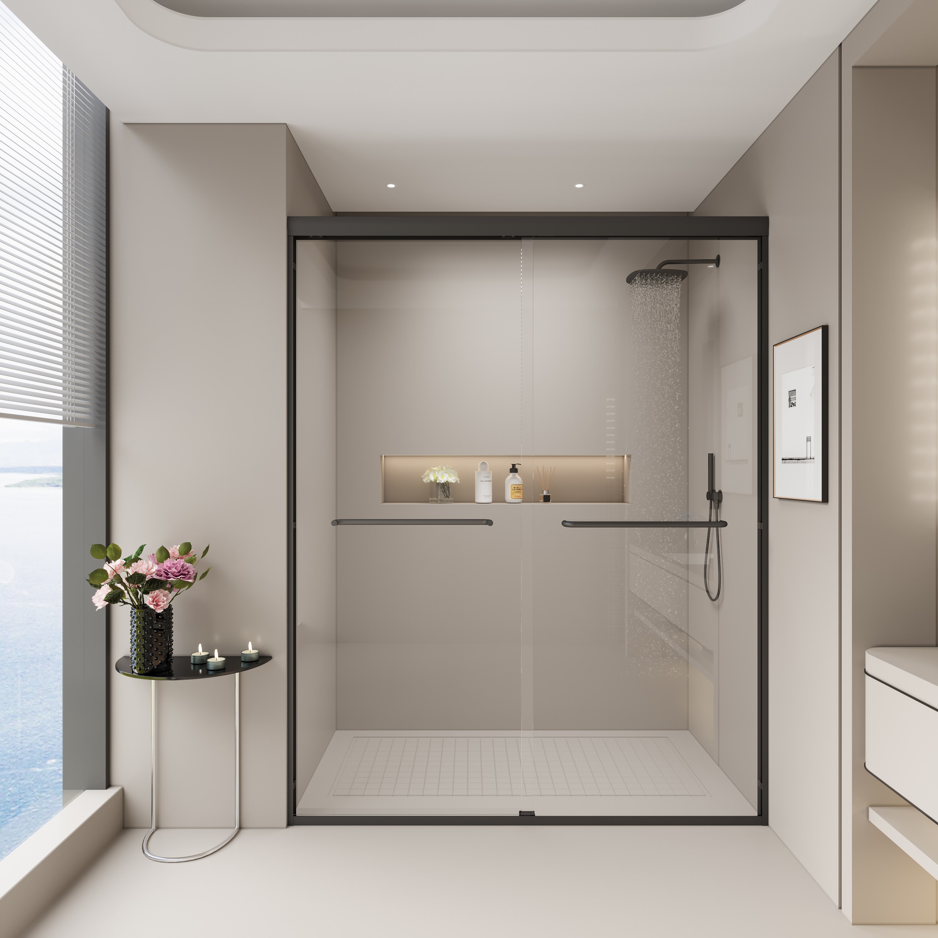 FAVSH 56-60 in W x 72 in H Double Sliding Shower Door Semi-frameless Bypass Bathroom Sliding Door with 1/4 in (6mm) Tempered Glass for Walk-in Shower Matte Black