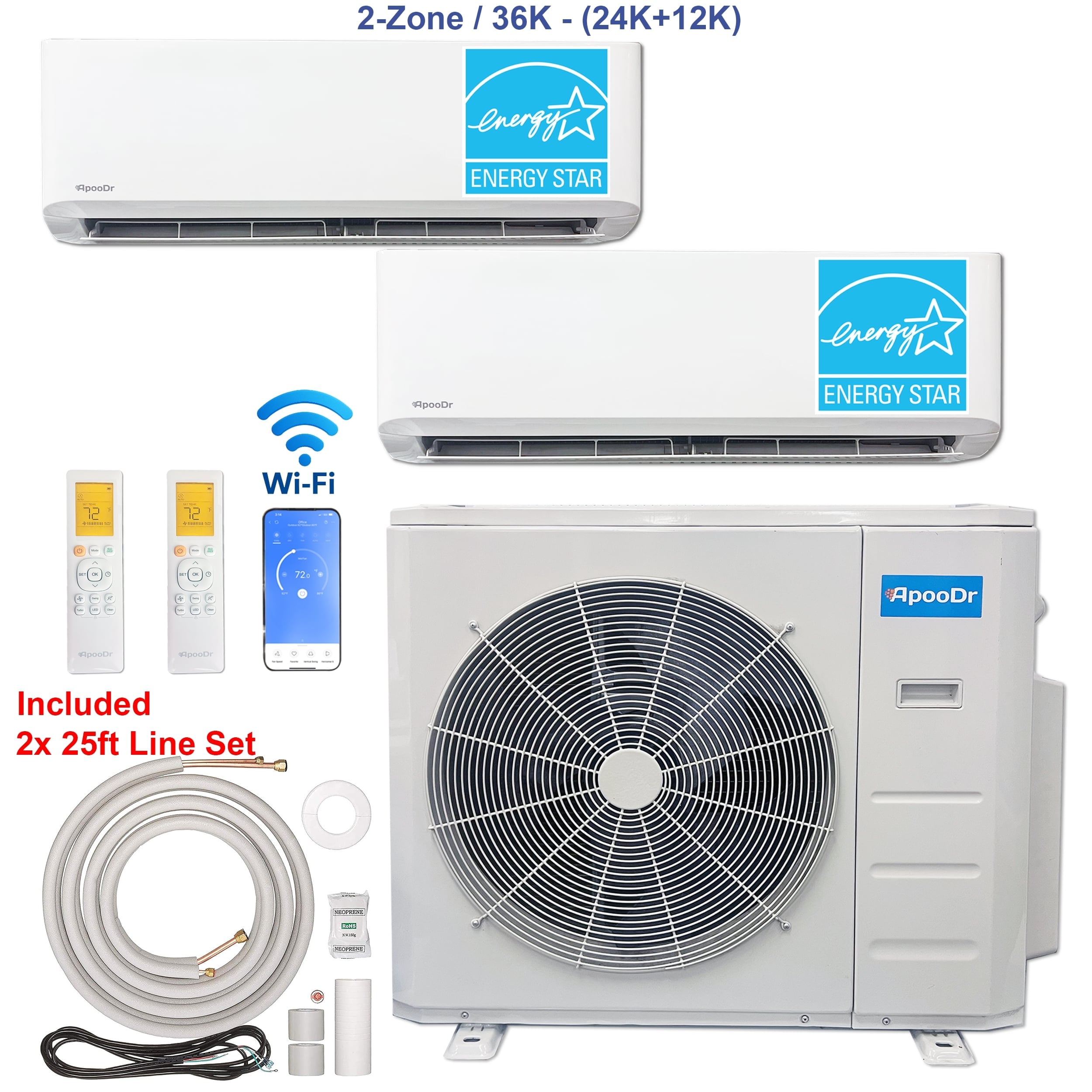 ApooDr AM5OG-36HFN1-24K12K StarZone 2 zone 36000-BTU 21 SEER2 Ductless Mini Split Air Conditioner Heat Pump Included with 25-ft Line Set 230-Volt