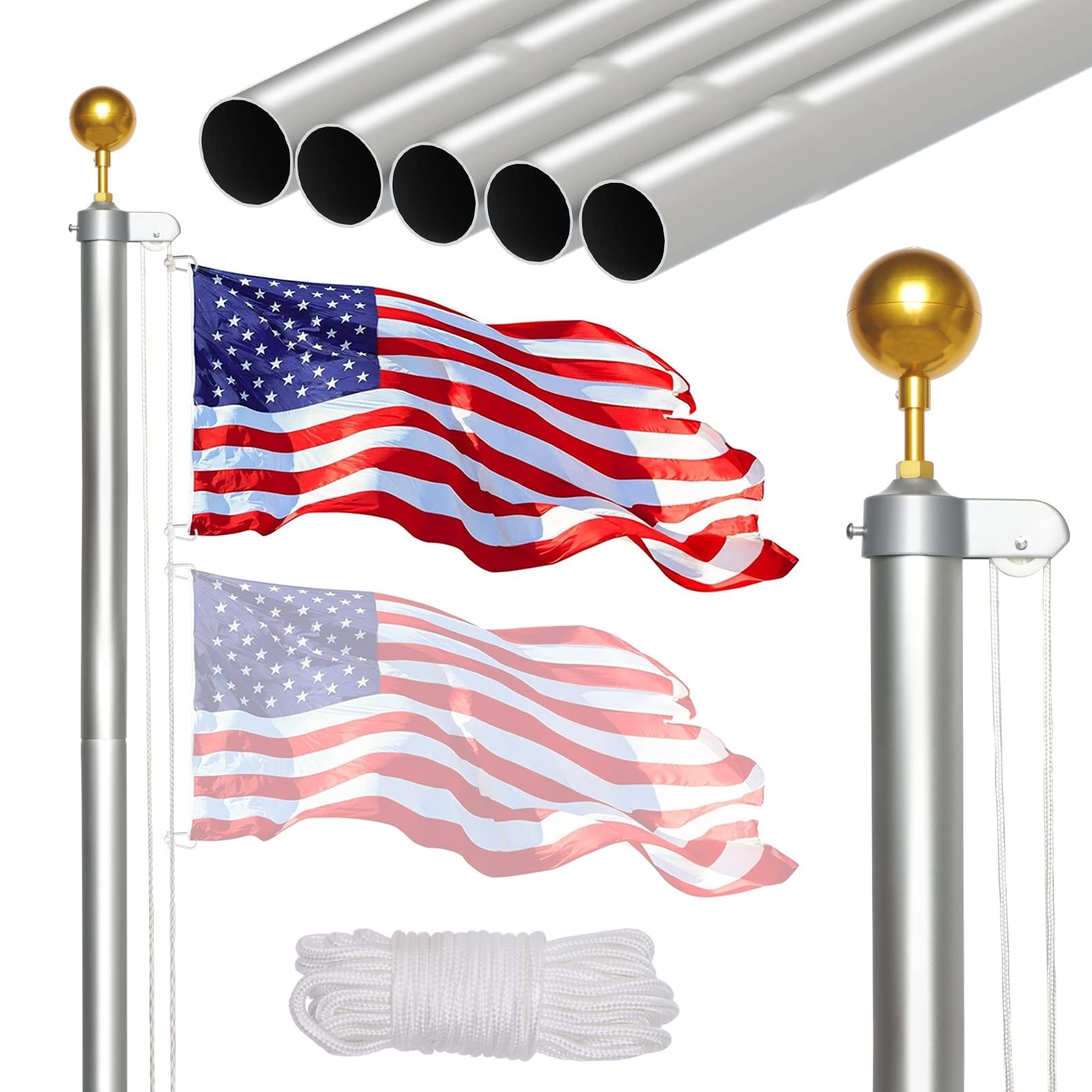 ITOPFOX  20FT Heavy Duty Flagpole Kit for Yard Outdoor Use Extra Thick Aluminum In Ground Flag Poles Kit with 3x5 American Flag and Gold Top