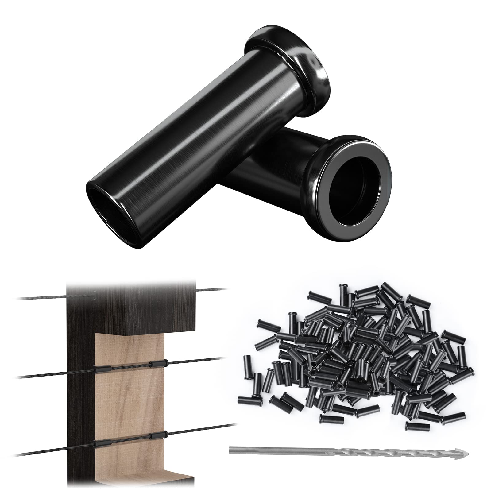 ITOPFOX  100 pack Black Cable Railing Protector Sleeves T316 Stainless Steel for Wood Post Level Applications with Drill Bit Indoor Outdoor Use