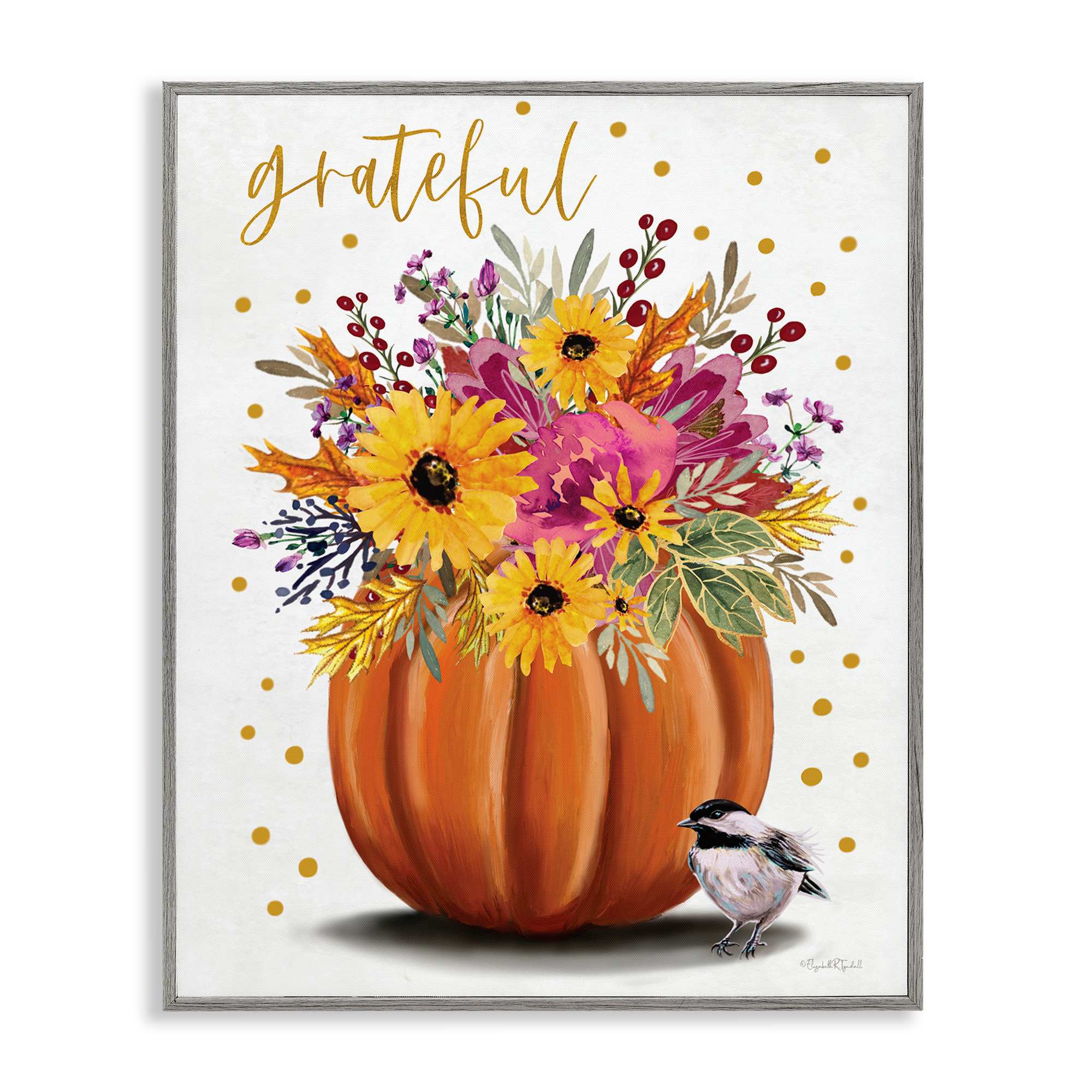 Stupell Industries BT-567-GFF-24X30 Grateful Pumpkin Bouquet Gray Framed Giclee Art By Elizabeth Tyndall 24 x 30