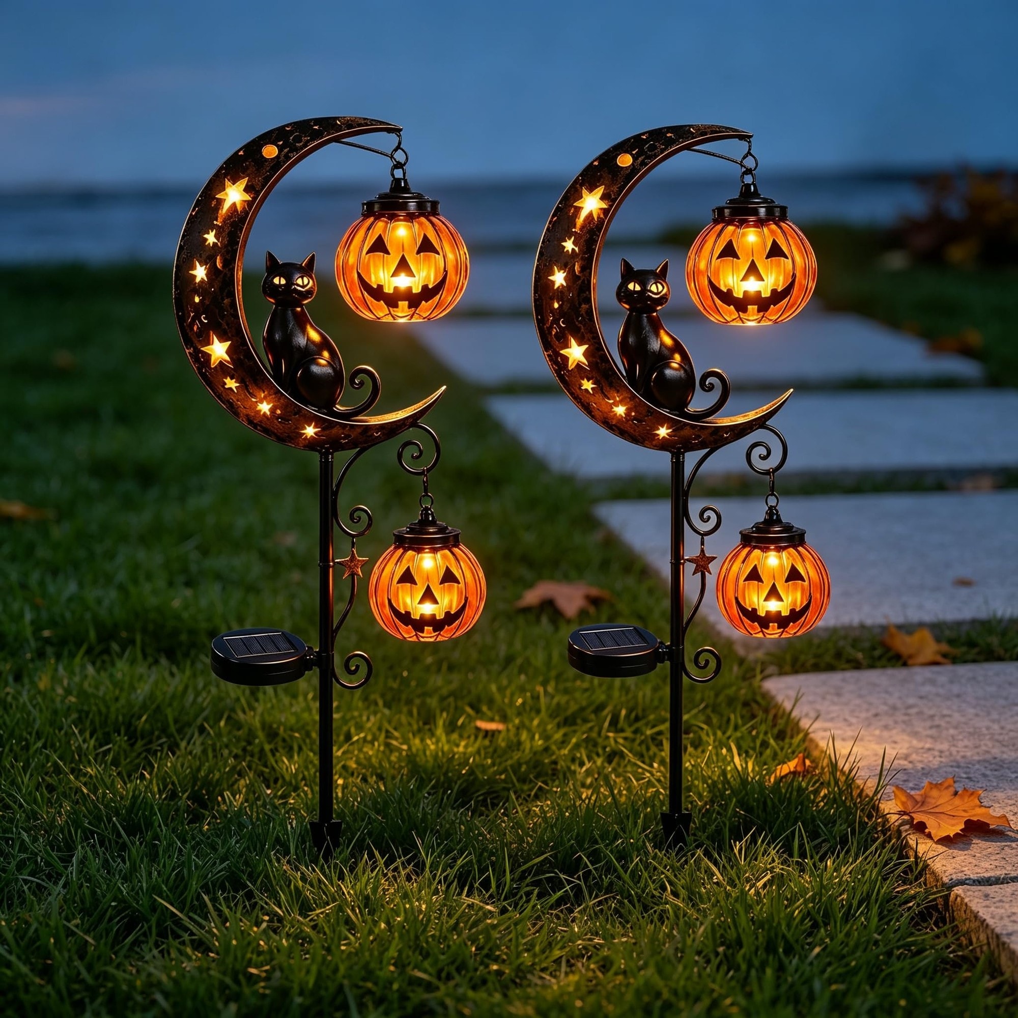 Numhew Solar Halloween Black Cat and Pumpkin Moon Black Path Lights