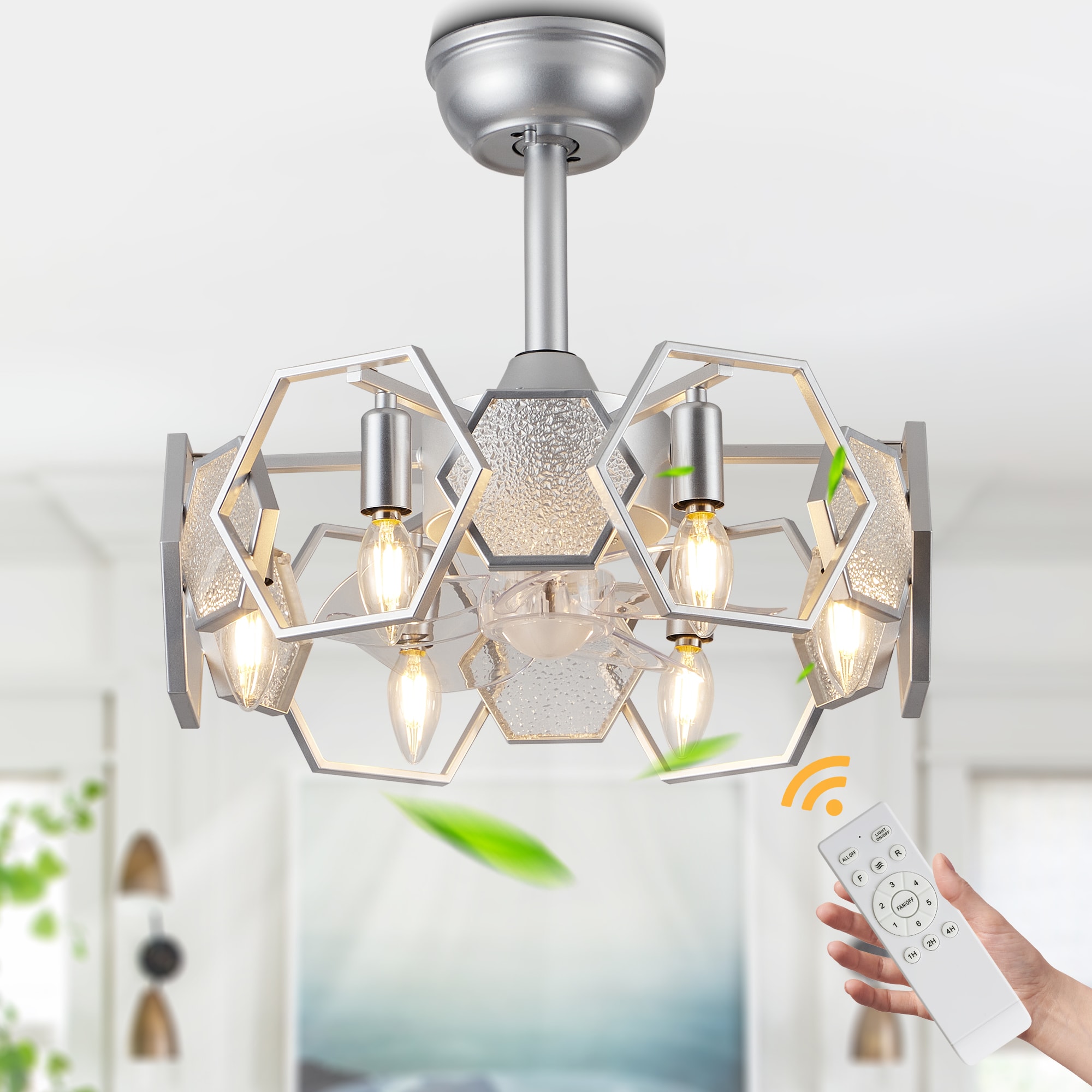 Bella Depot DCFSD1903-C Vintlum 19-in Color-Changing Chrome with Clear Blades Cage Ceiling Fan With Light - Remote Included ( 5 -Blade )