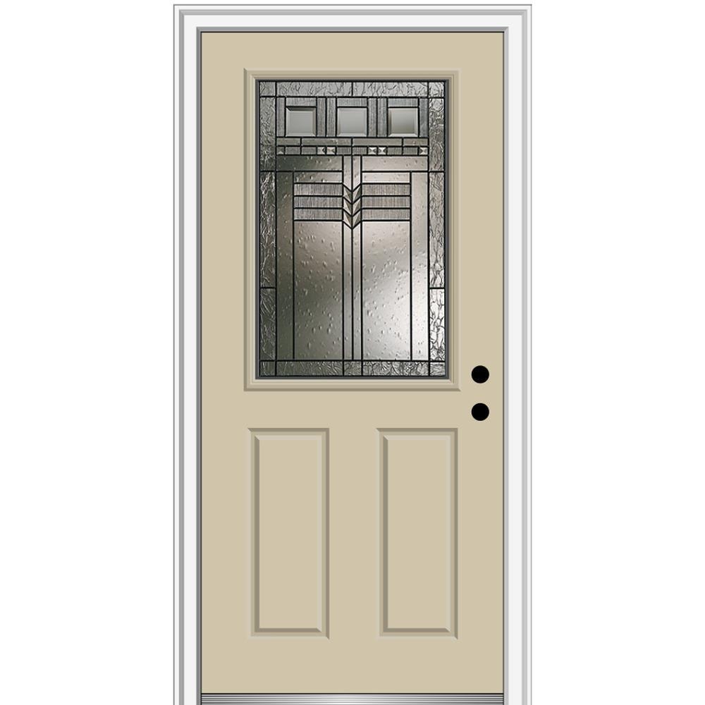 MMI DOOR ZZ3664427L 32-in x 80-in x 6-9/16-in Fiberglass Half lite Left-hand inswing Wicker Painted Prehung Front Door with Brickmould Insulating core