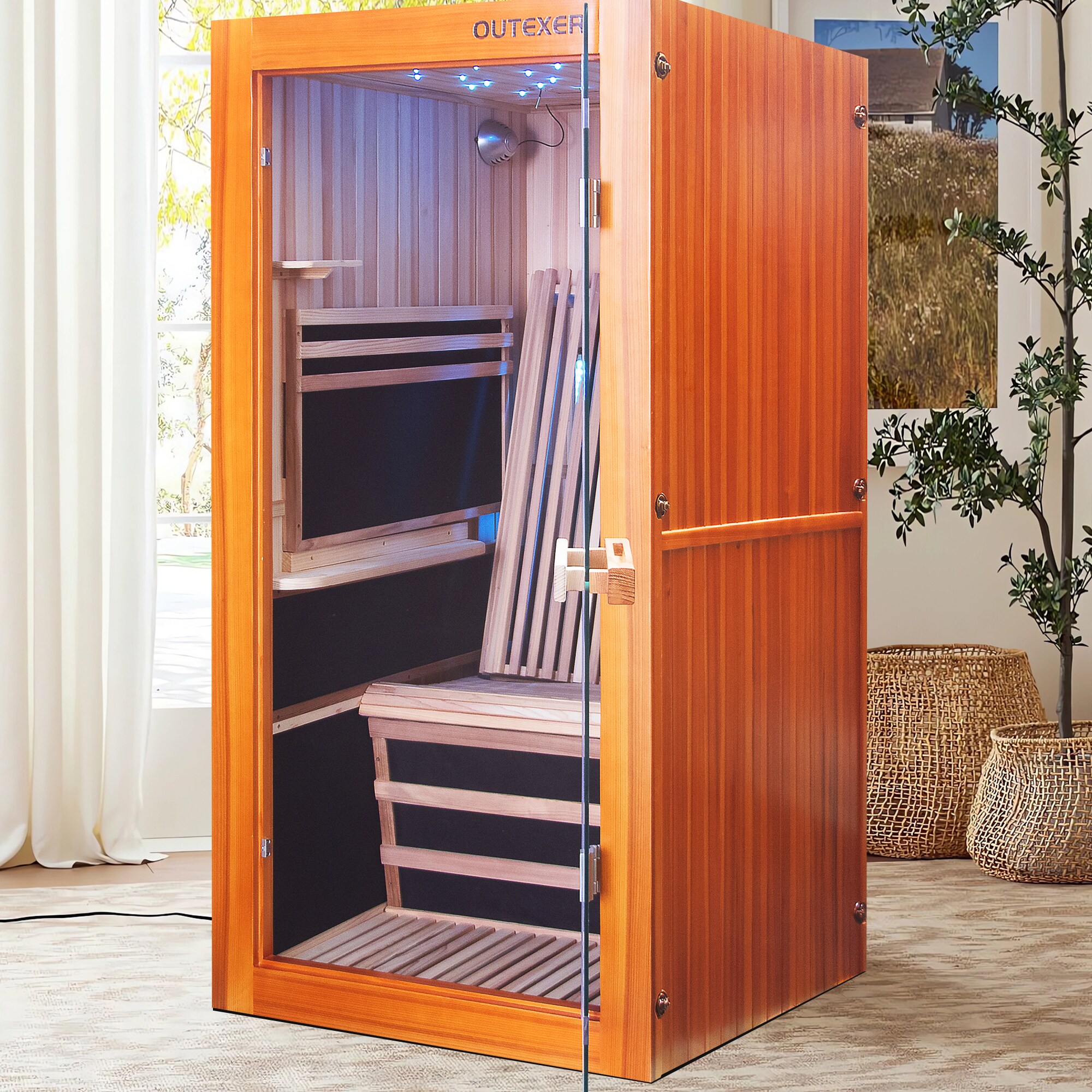 GDFStudio Douglas Fir Single Sauna with Starry Sky LED Lights and 10 Heating Plates 1095W