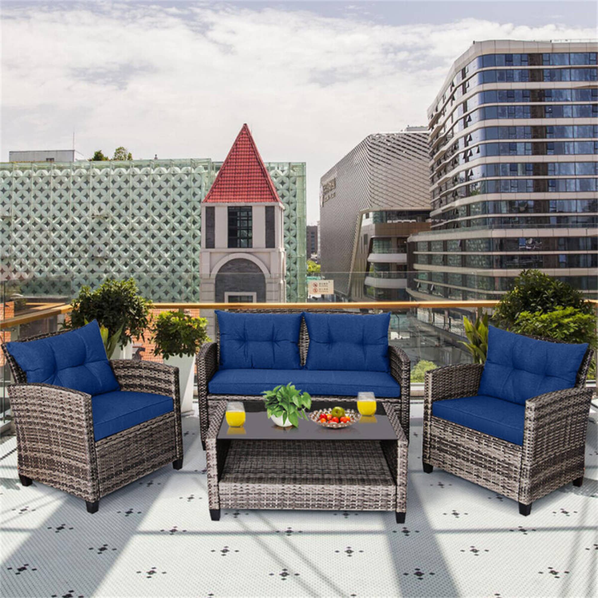 BABOOM BOM-8647-C+-CO 4 -Piece Rattan 2 Patio Sofa Conversation Set with Blue Cushions