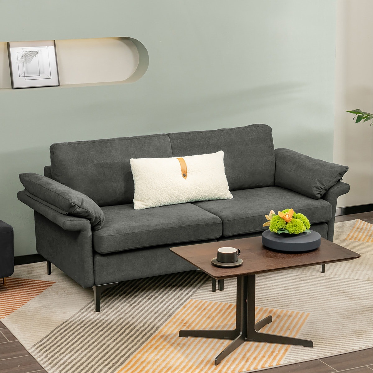 Costway Modern Loveseat Fabric 2-Seat Sofa Couch for Small Space with Metal  Legs Grey, image size:1200x1200