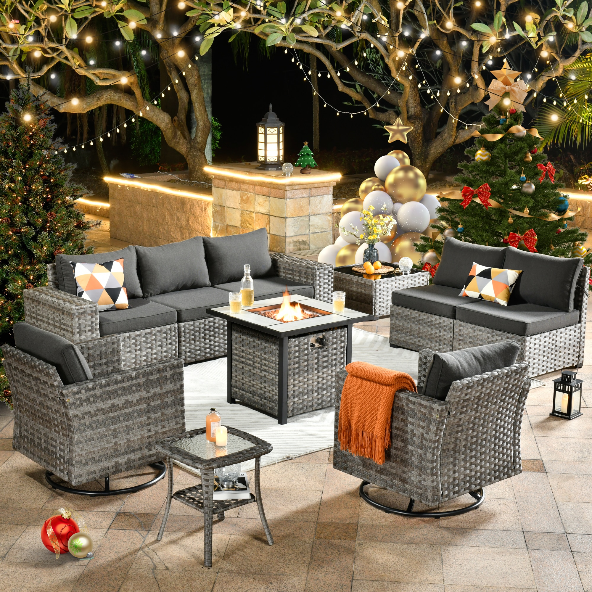 Pouuin 10 Piece Rattan Patio Conversation Set with Black Cushions