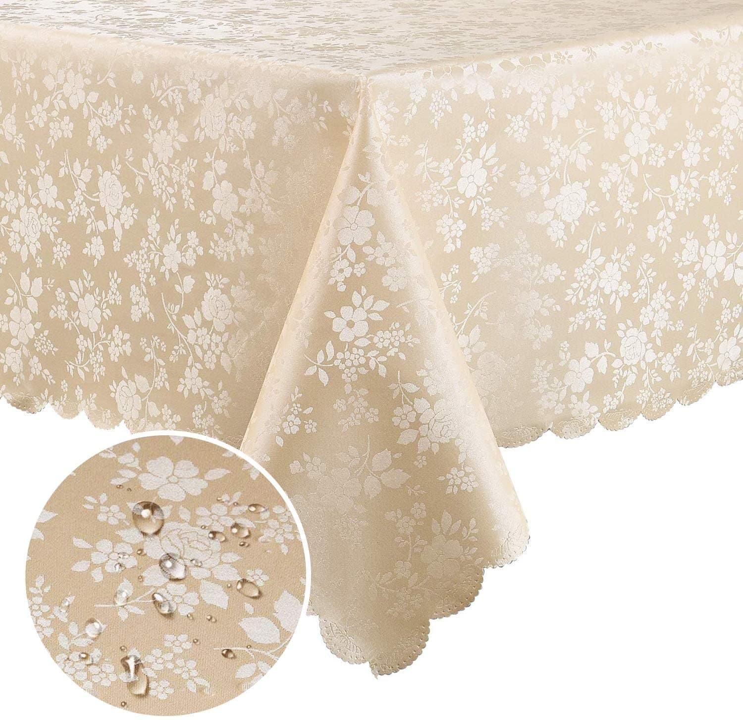 Anqtovp  Rectangle Table Cloth Waterproof Heavy Duty Vinyl Floral Embossed Scalloped Edge Wipeable Washable Table Cover Beige 60 x 84 Inch for