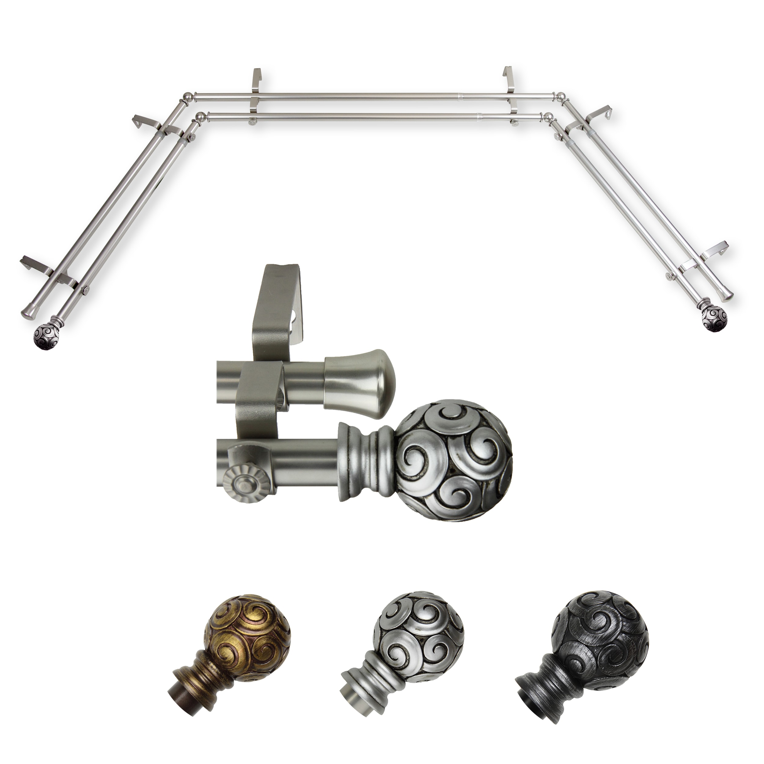 Hart & Harlow L-ABAY-17-5D Lillian 13/16-in Double Bay Satin nickel Steel Bay window curtain rod with Finials