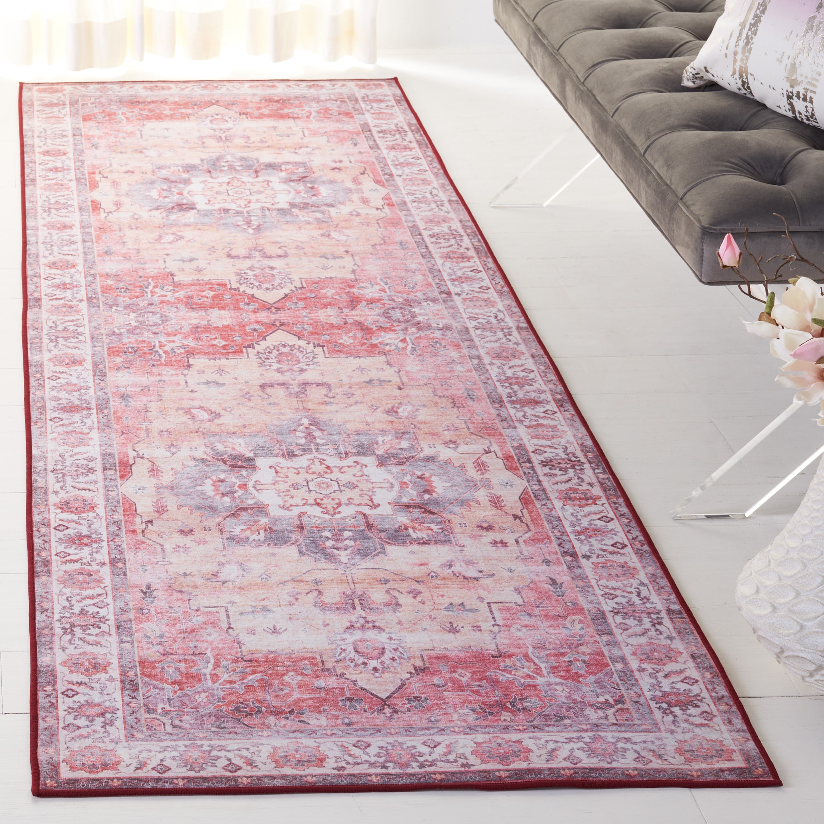 Safavieh TSN163P-28 Tucson 3 x 8 (ft) Loomed Polyester Rust/Beige Rectangular Indoor Border Machine washable Runner rug