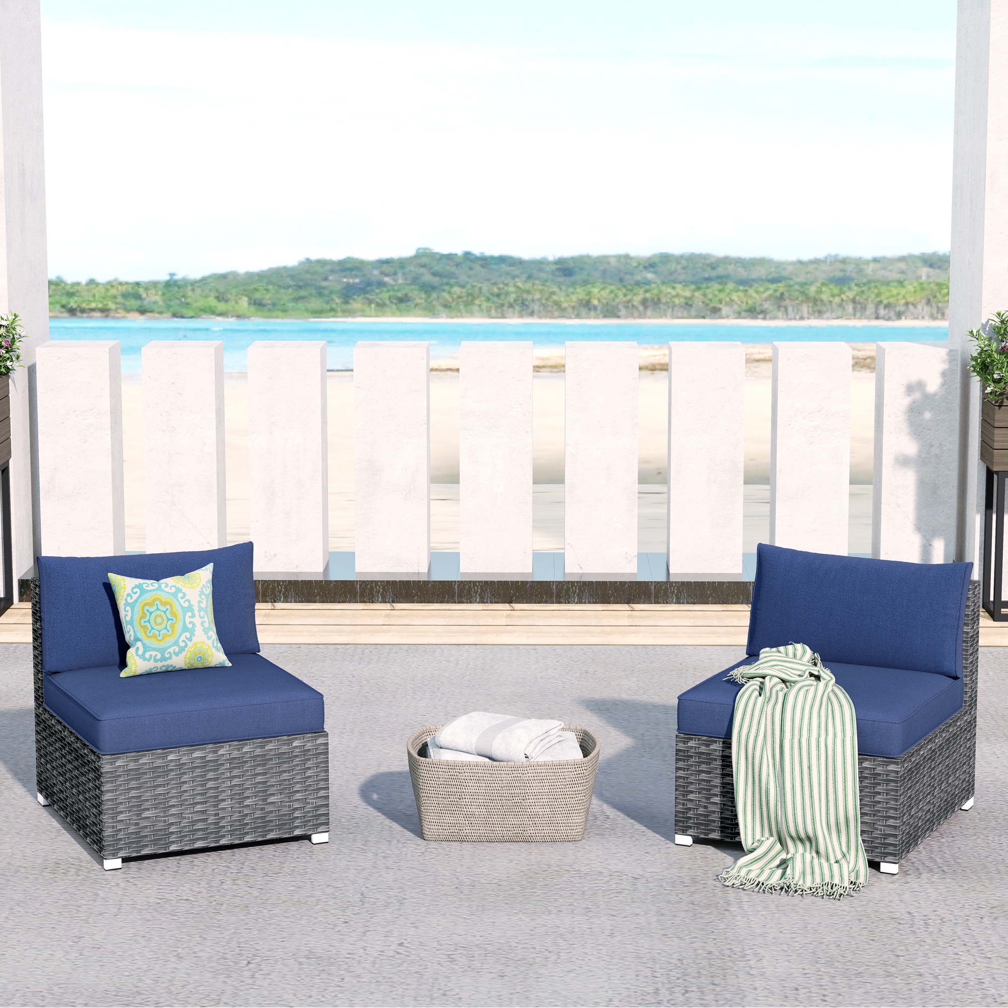Pouuin SHOP3-BOX3 Set of 2 Wicker Gray Wicker Frame Stationary Conversation Chair with Blue Cushioned Seat