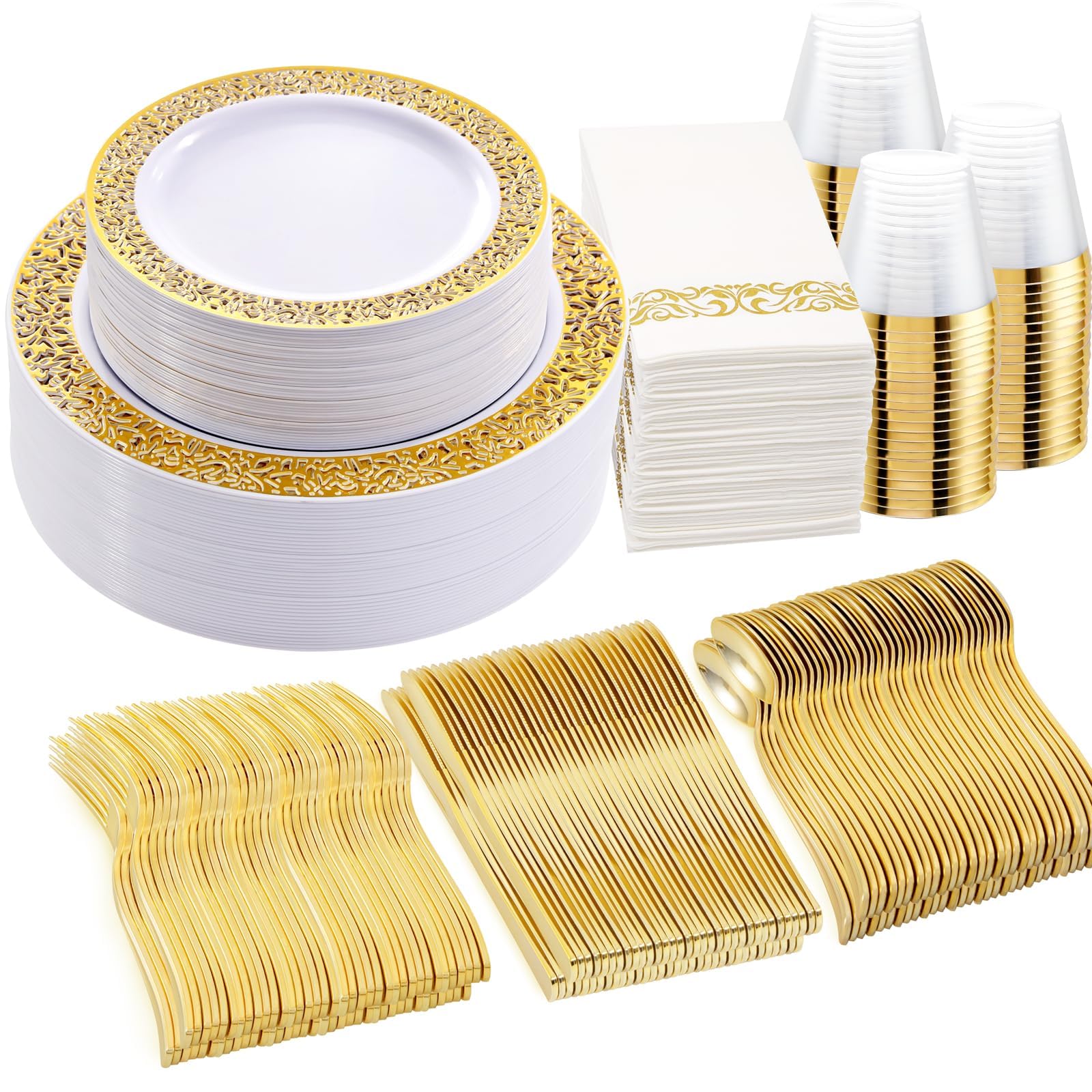 Aoibox - 350 Piece Gold Disposable Dinnerware Set with Plates Cups Cutlery Napkins for 50 Guests