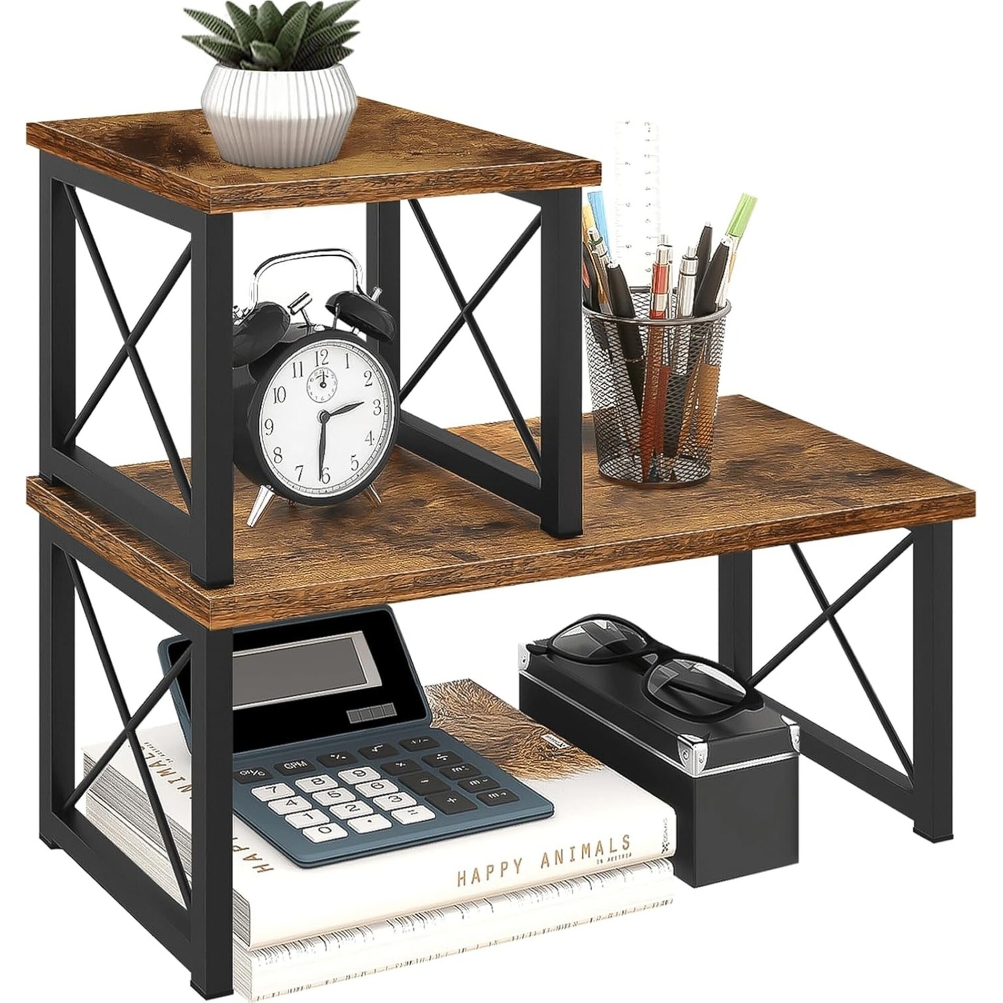 Wudkey - 15.7in W 7.8in D 7.6in H 2-Tier Adjustable Matte Rustic Brown Desktop Shelf Organizer