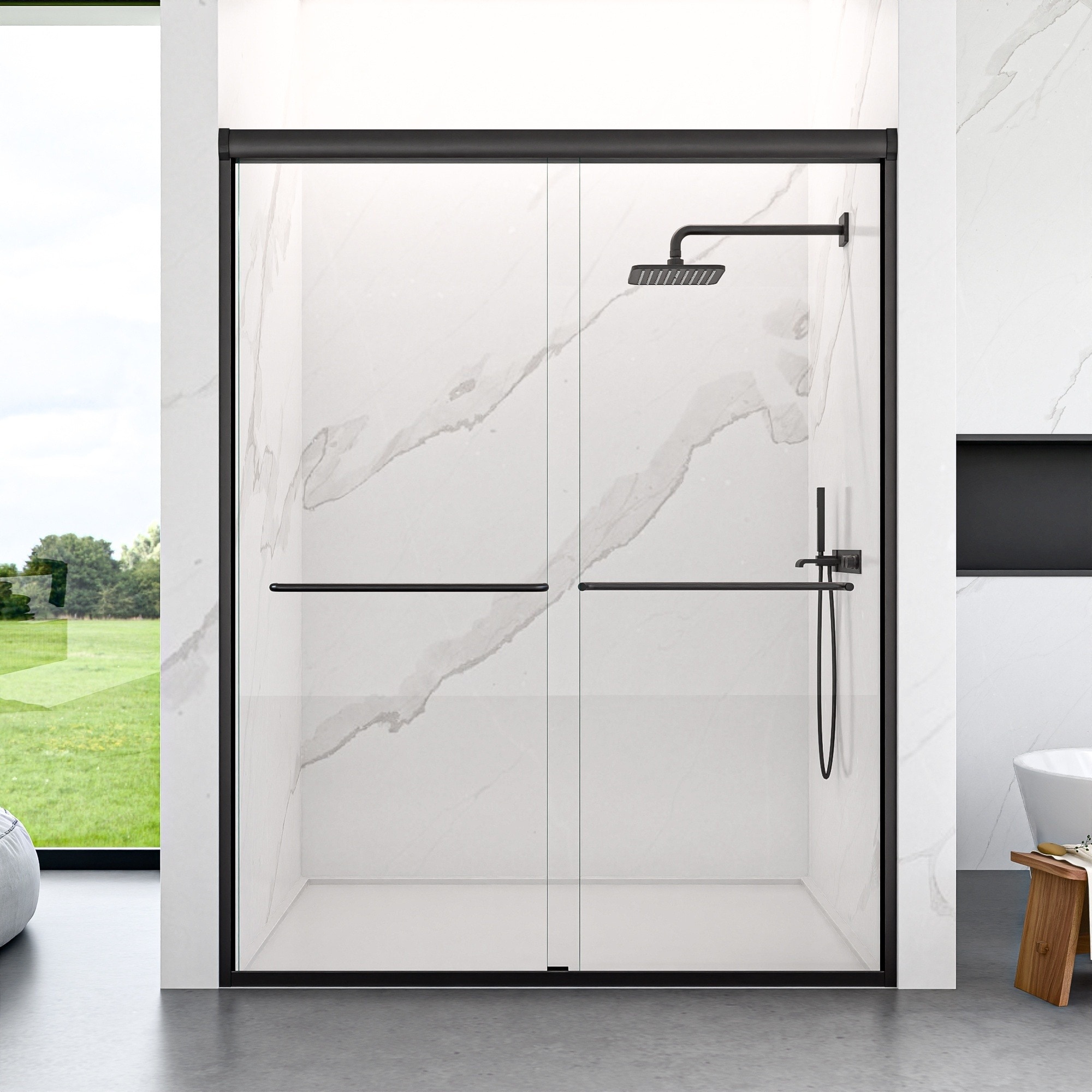 IAK 56 to 60 inch x 72 inch Matte Black Aluminum Frame Semi-Frameless Double Sliding Shower Door with SGCC Tempered Glass