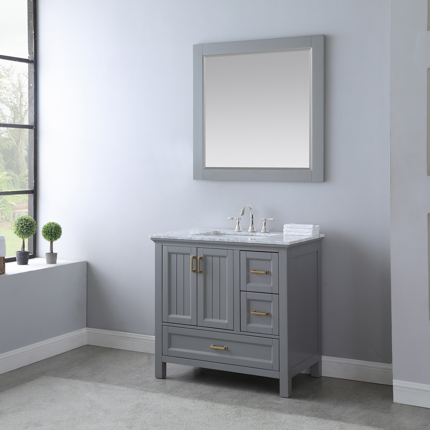 Altair - Georgia 42 Single Bathroom Vanity Set in Jewelry Blue and Composite Carrara White Stone Top with White Farmhouse Basin Without Mirror | 5370