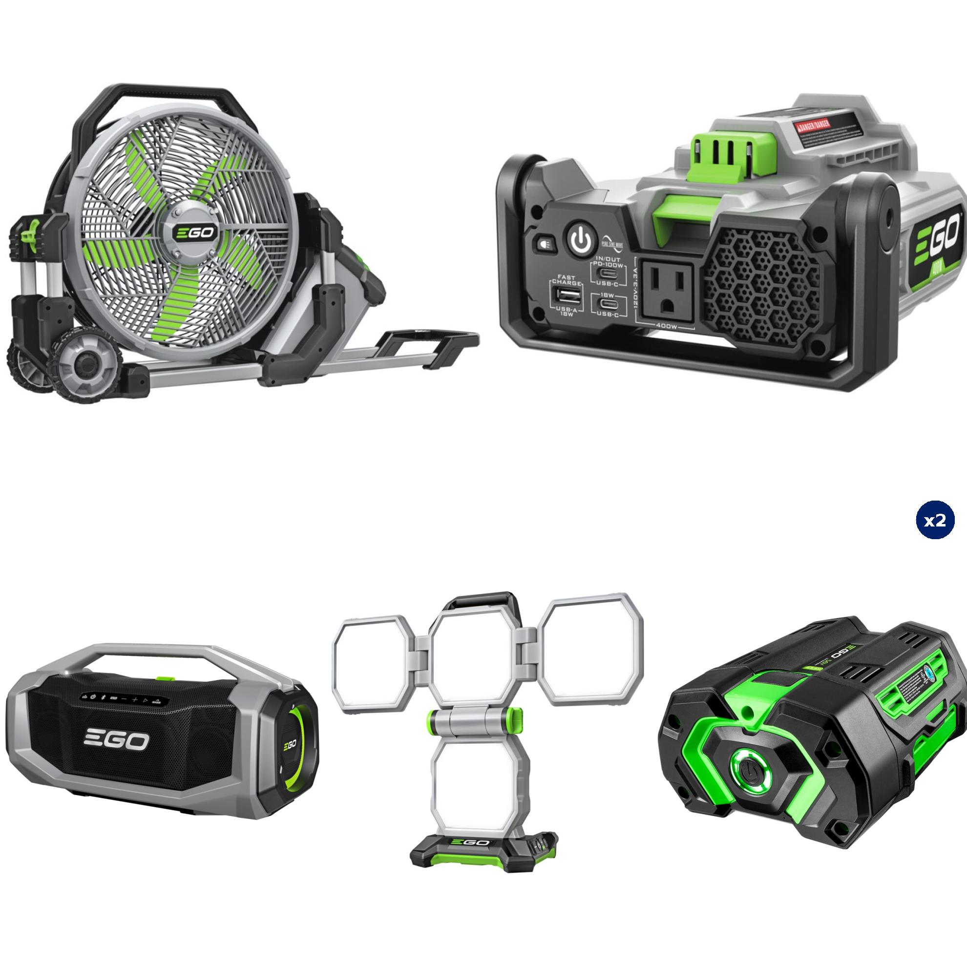 EGO Portable Fan, Power Station, Speaker, Work Light & 2-Pack 5Ah Battery Tailgate & Camp Power Combo Kit