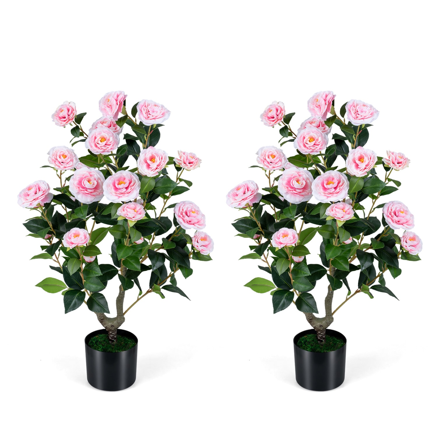 Volenca - 2-Pack 35.5-in Artificial Pink Camellia Tree Faux Flower Plant with Cement Pots