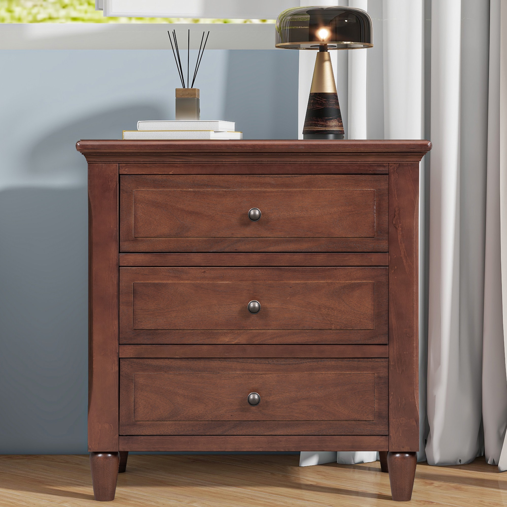 ModernLuxe WF319366AAD Embrace sophisticated organization with a contemporary bedside cabinet featuring three robust drawers offering ample space to store personal items and simplify your daily routine