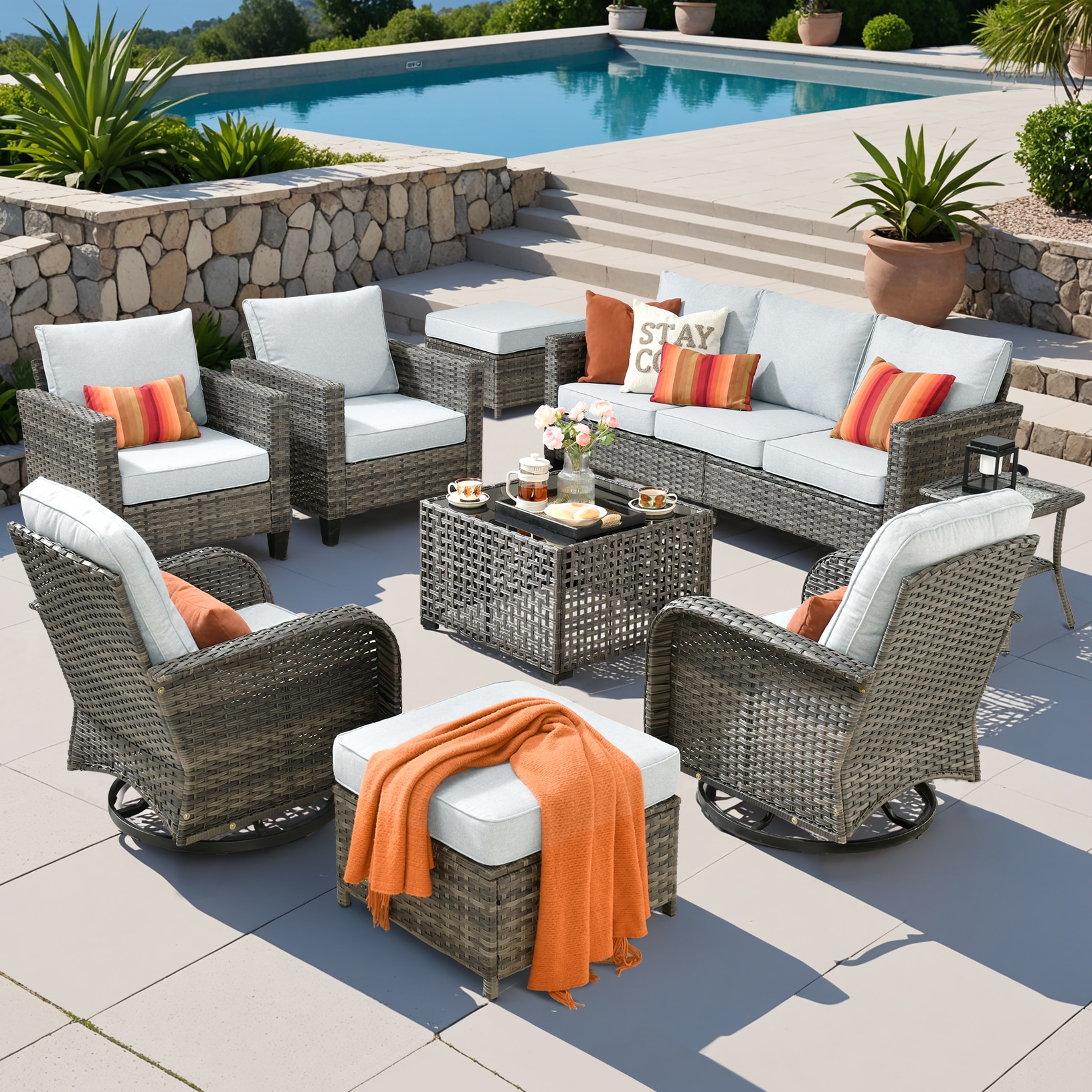 Pouuin SYZGNC709 9 -Piece Wicker Patio Sofa Conversation Set with Light Gray Cushions