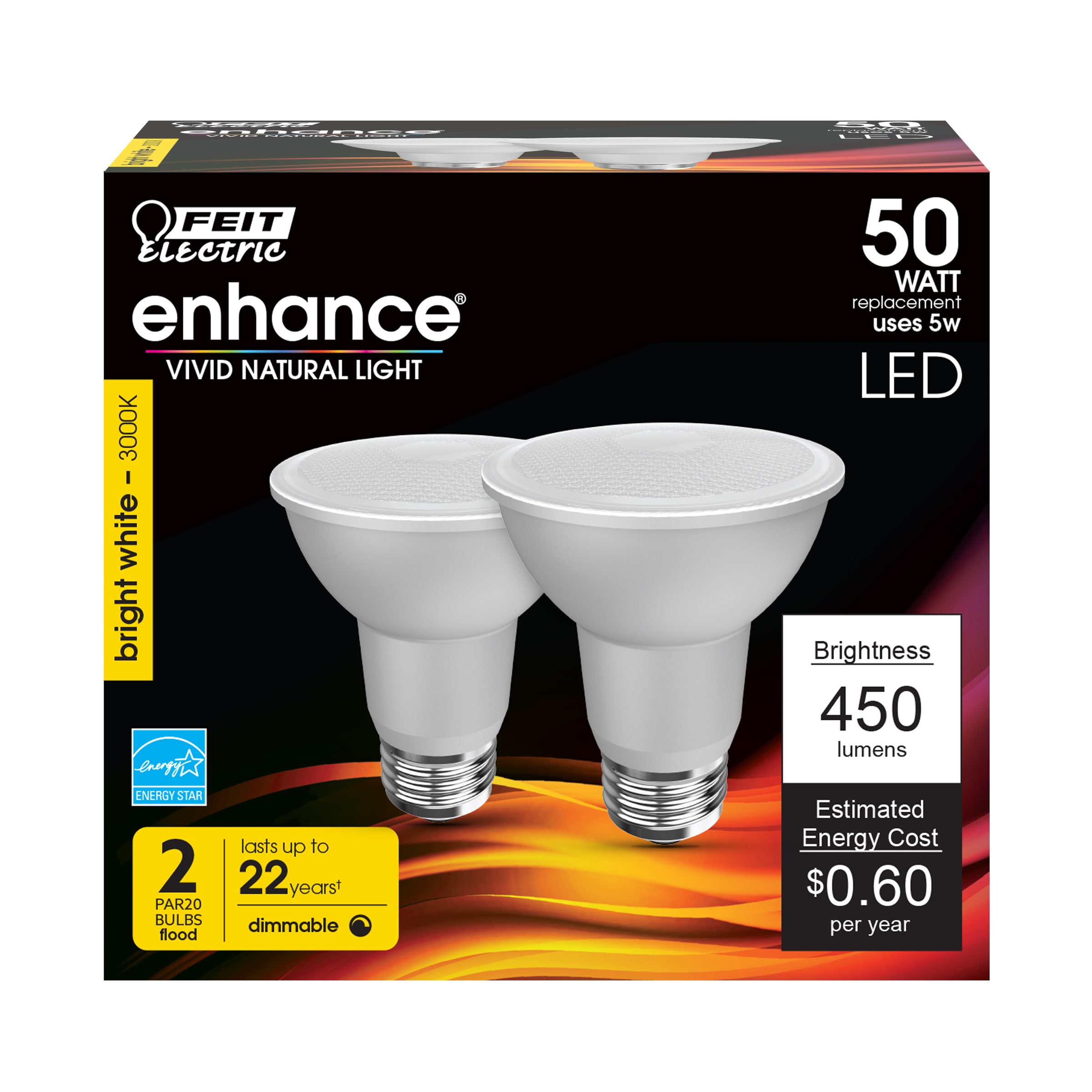 Feit Electric PAR20DM/930CA/2 LED DIMMABLE 50 -Watt EQ PAR20 Bright white E26 Dimmable LED General purpose Light Bulb 2 -Pack