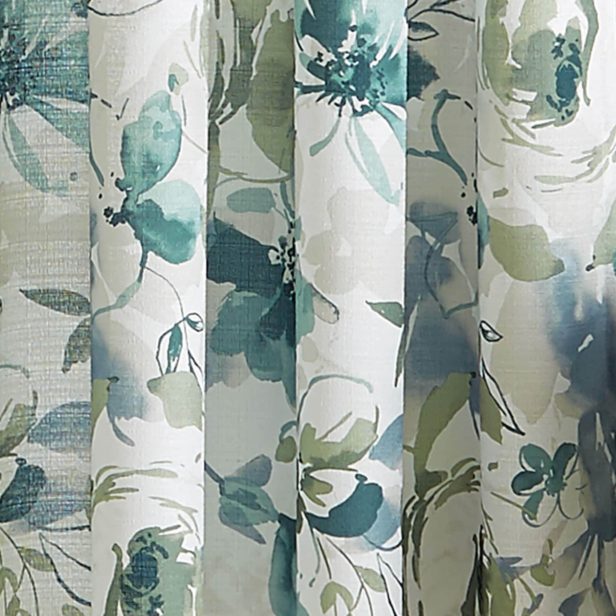 Aqua Floral Light-Filtering Polyester Rod Pocket Curtain Panel, 50" x 63"