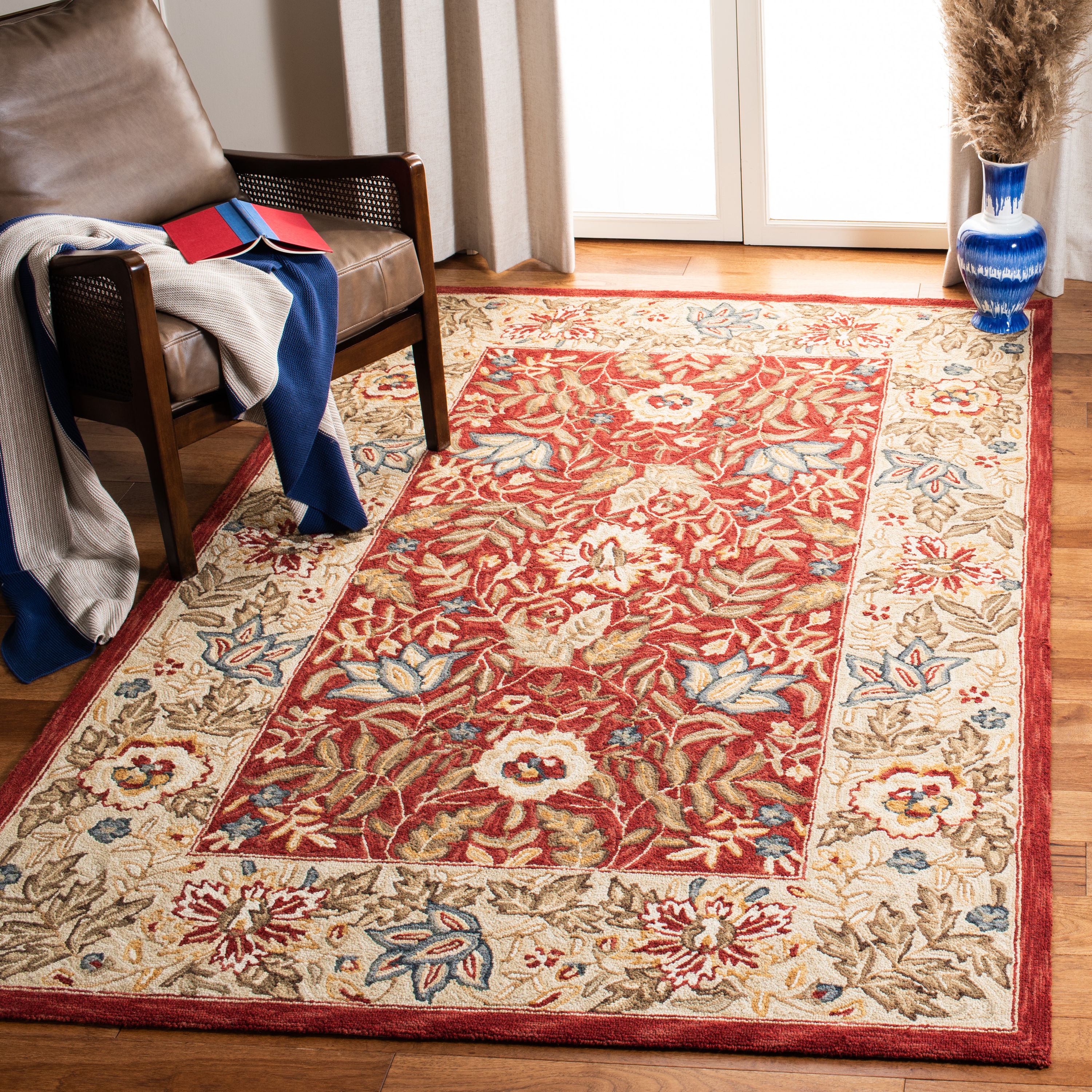 Handmade Red Floral Wool Square Area Rug, 6'