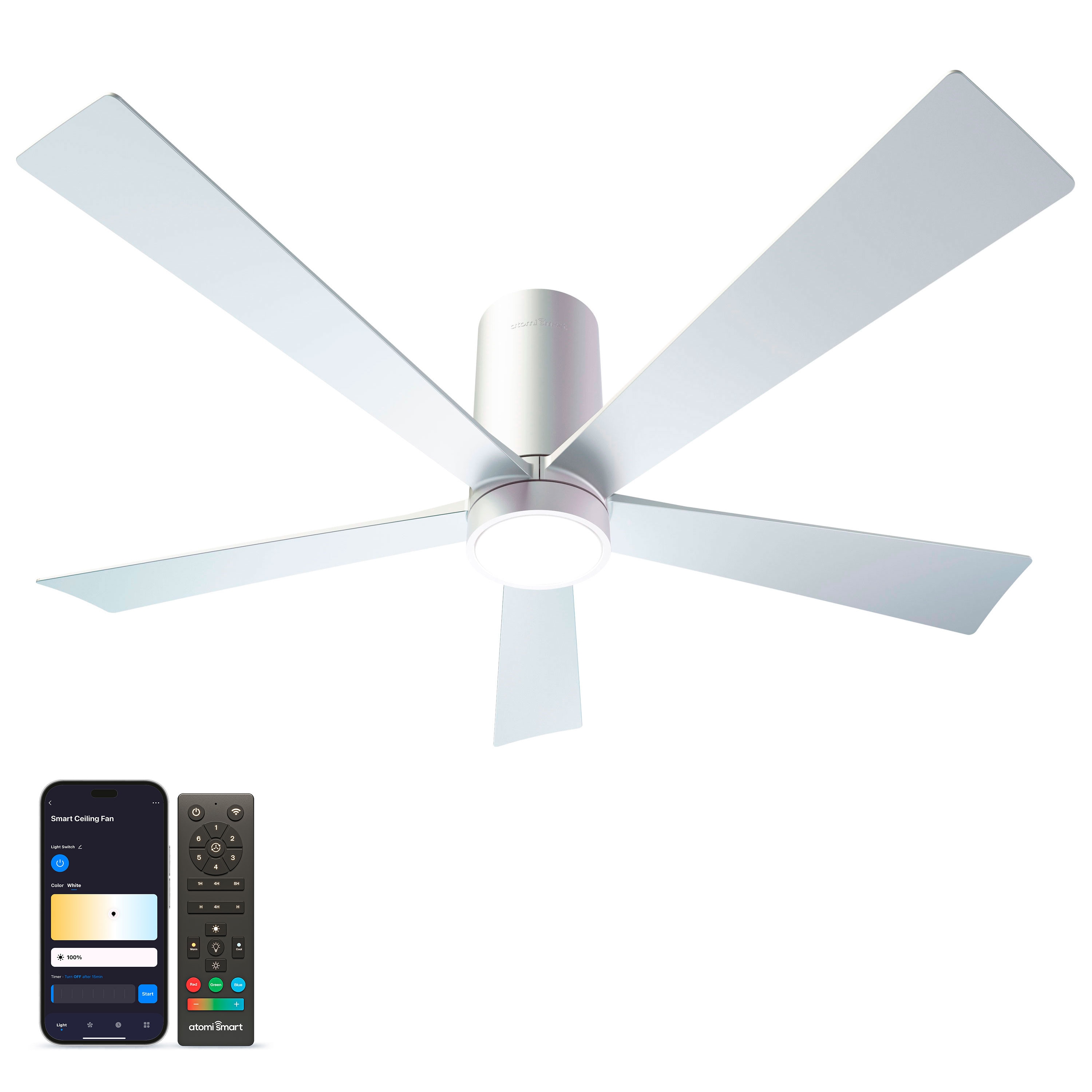 atomi smart AT2481-WH Nouvo 52-in Color-Changing Integrated LED Smart Pearl White with Pearl White Blades Ceiling Fan With Light - Remote Included ( 5 -Blade )