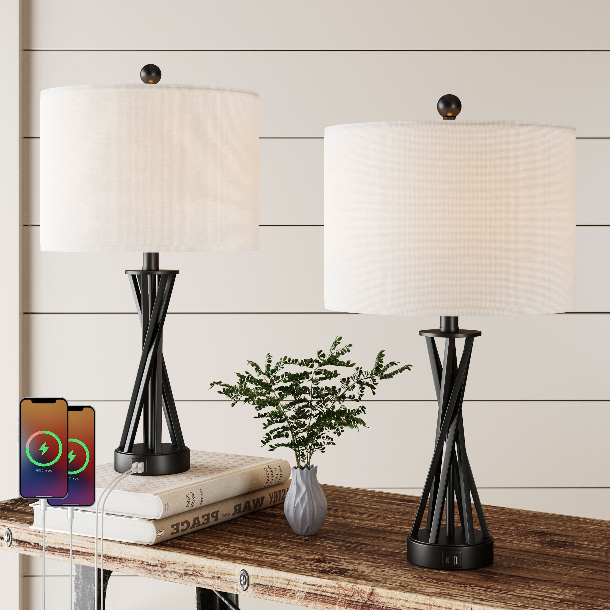 Maxax T257-BK Deluxe 24-in Black LED Incandescent Rotary socket Table Lamp with Linen Shade 2 -Set