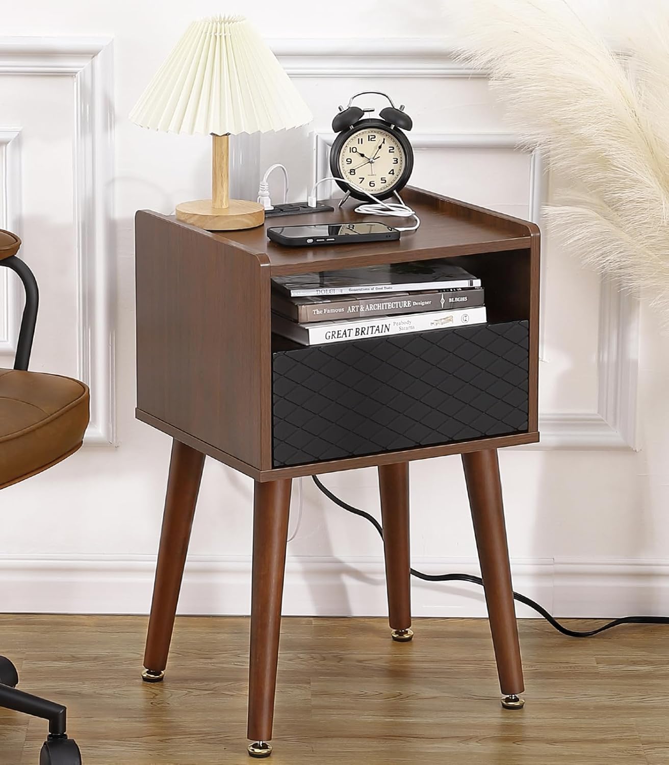 Qeetex LHF-BZ-PHO-0Z39V8QY Mid Century Modern Nightstand Side Table with Charging Station and Drawer Living Room Bedroom Bedside End Table Walnut