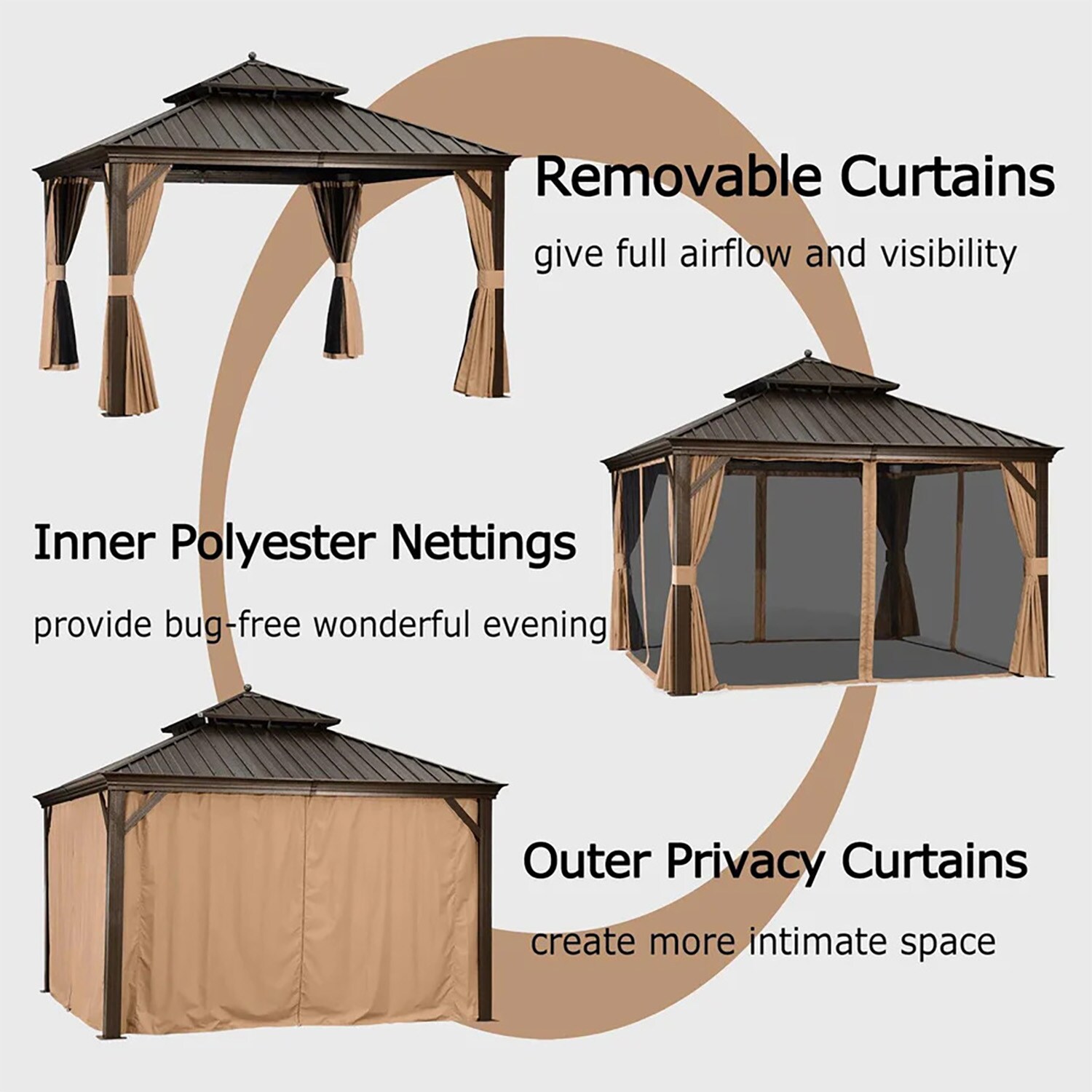 PURPLE LEAF 12-ft x 12-ft Gazebo Square Khaki(W/Balls) Metal Steel Roof ...