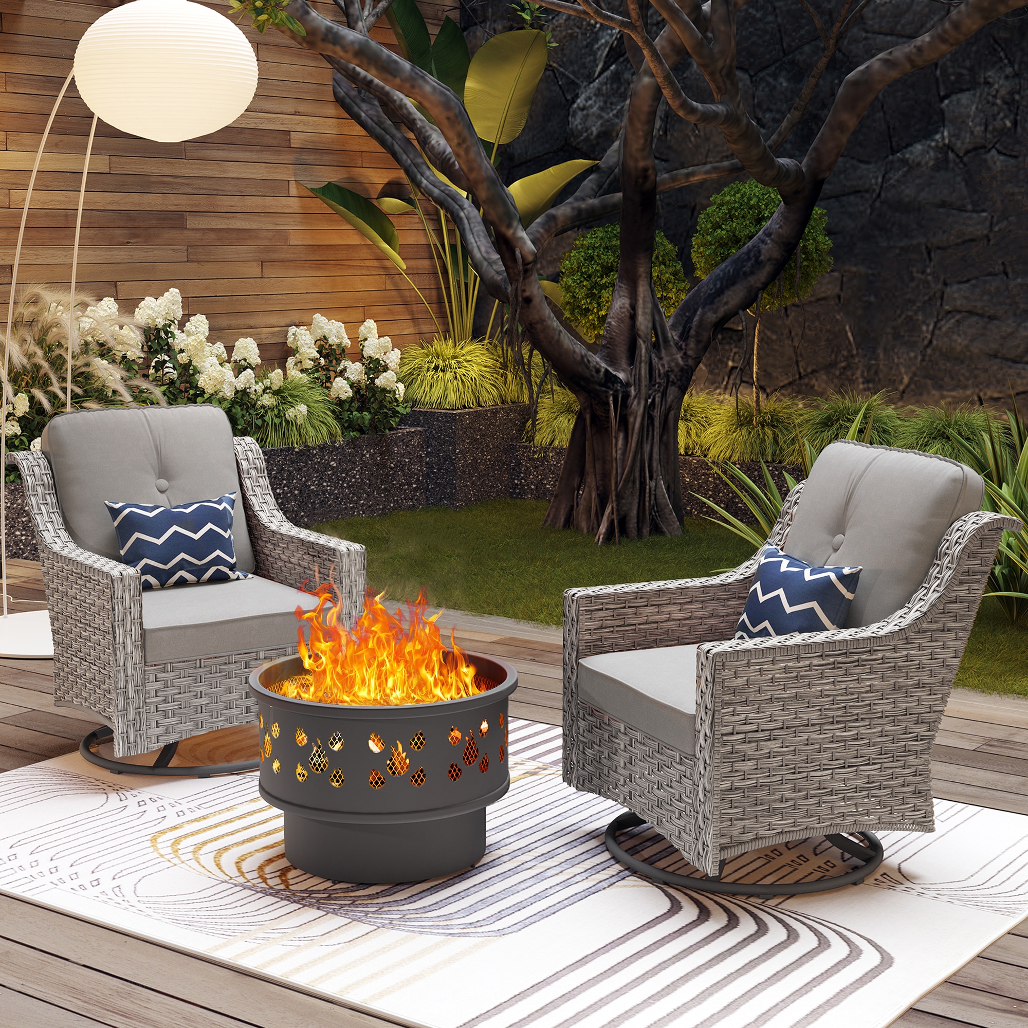 Pouuin SCFPAD203 3 -Piece Rattan Patio Conversation Set with Gray Cushions