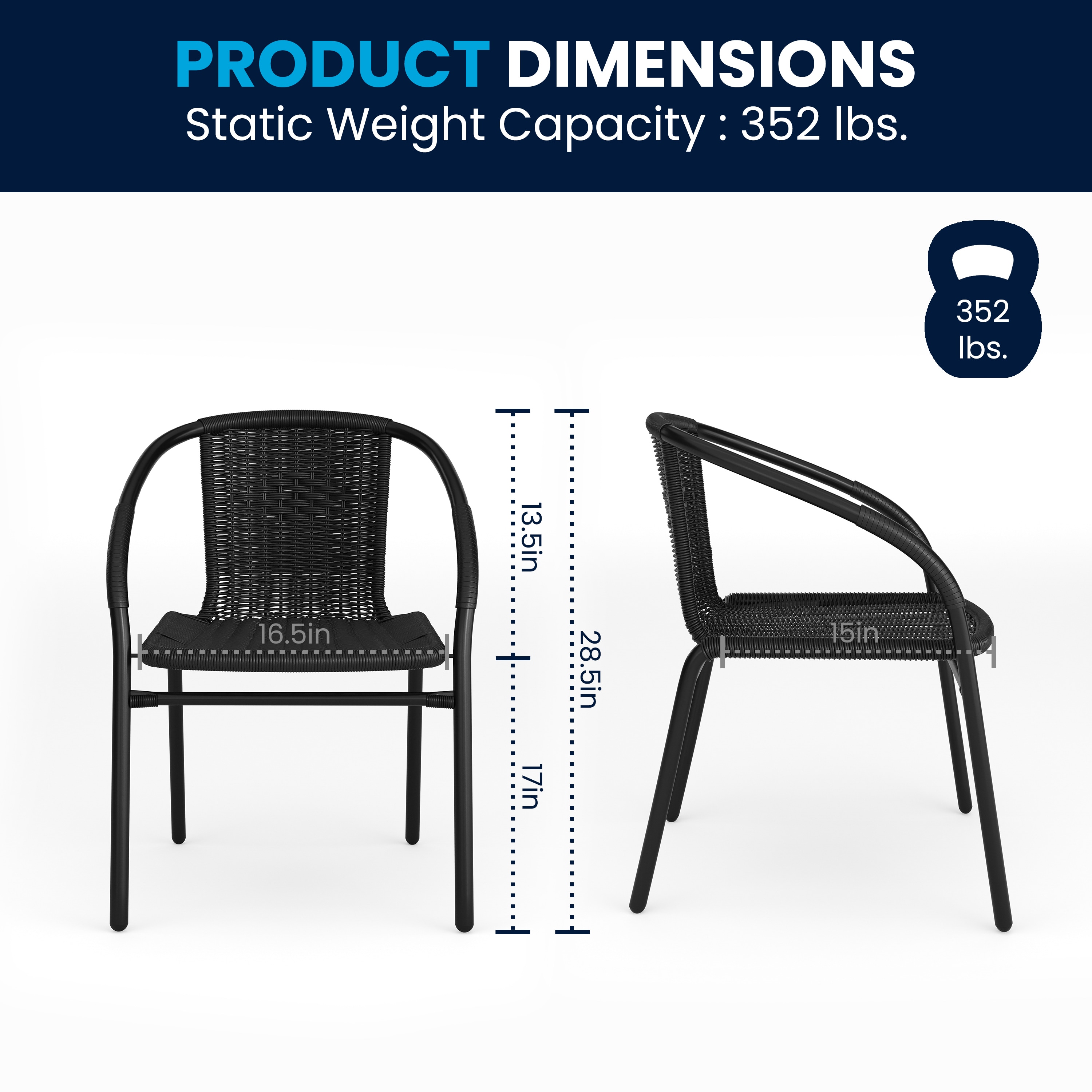 Black Rattan Stackable Outdoor Dining Chair, Pair