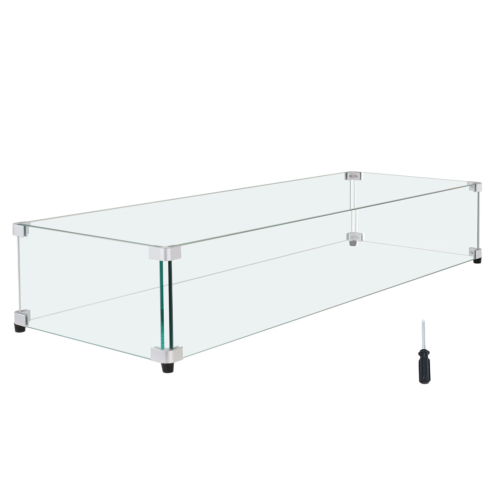 VEVOR SCHKFFZGHBLZ02329V0 Glass Wind Guard for Rectangular Fire Pit Table 29 x 13 x 6.5 Inch  0.31 inch Thick and Sturdy Tempered Glass Panel with Hard Aluminum Corner Bracket and Rubber Feet  Easy to Assemble