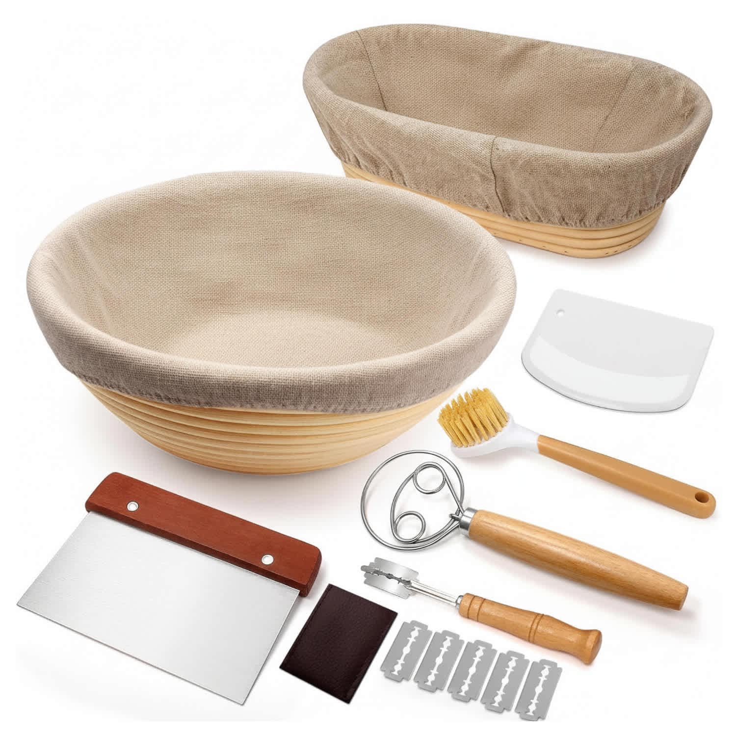 Etokfoks  Sourdough Proofing Basket Set with 9 Inch Round and 10 Inch Oval Banneton Bread Baking Supplies Includes Lame Scraper Whisk Liners