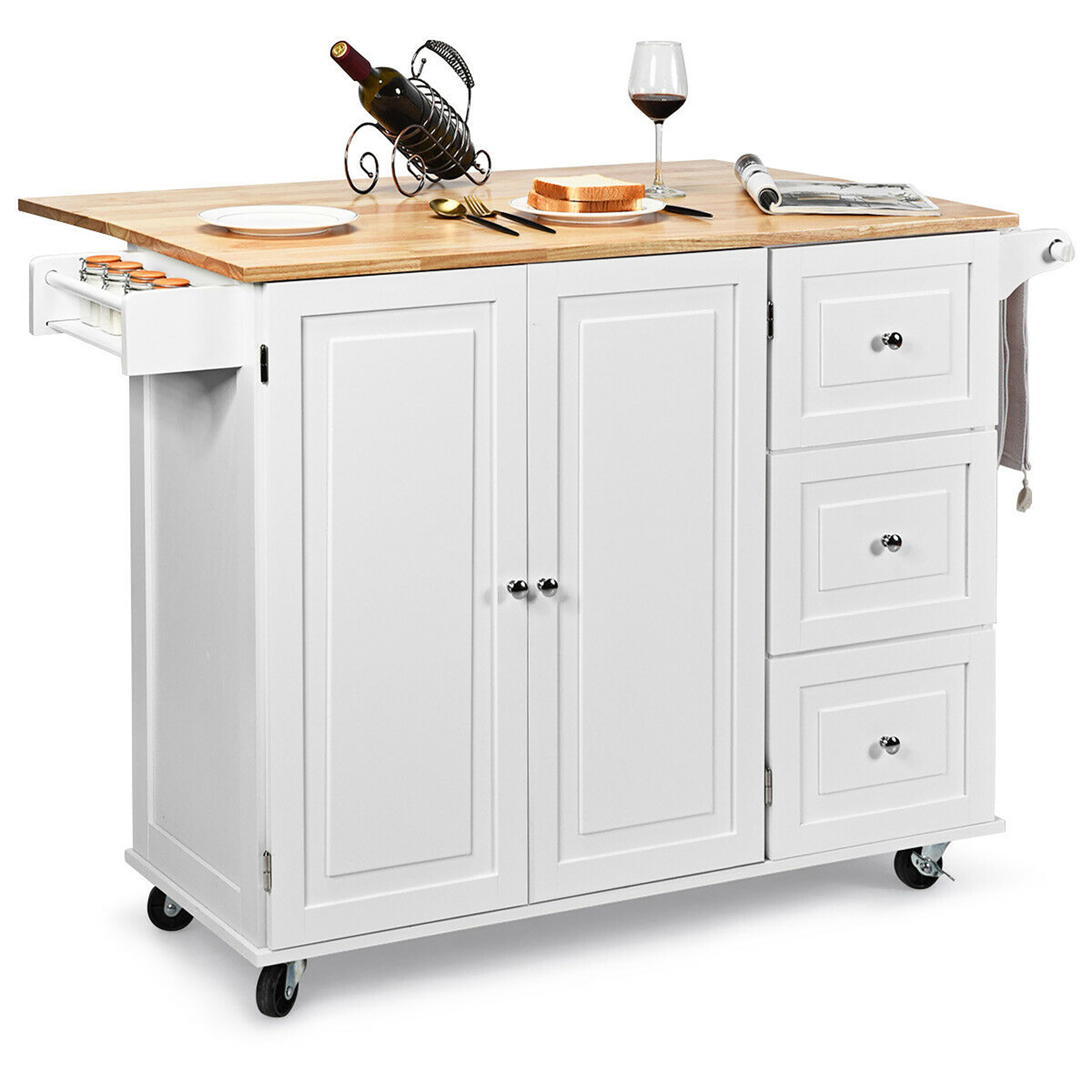 Goplus LWS00276 White Wood Base with Wood Rolling Kitchen Cart ( 30-Inches x 53.5-Inches x 36-Inches )