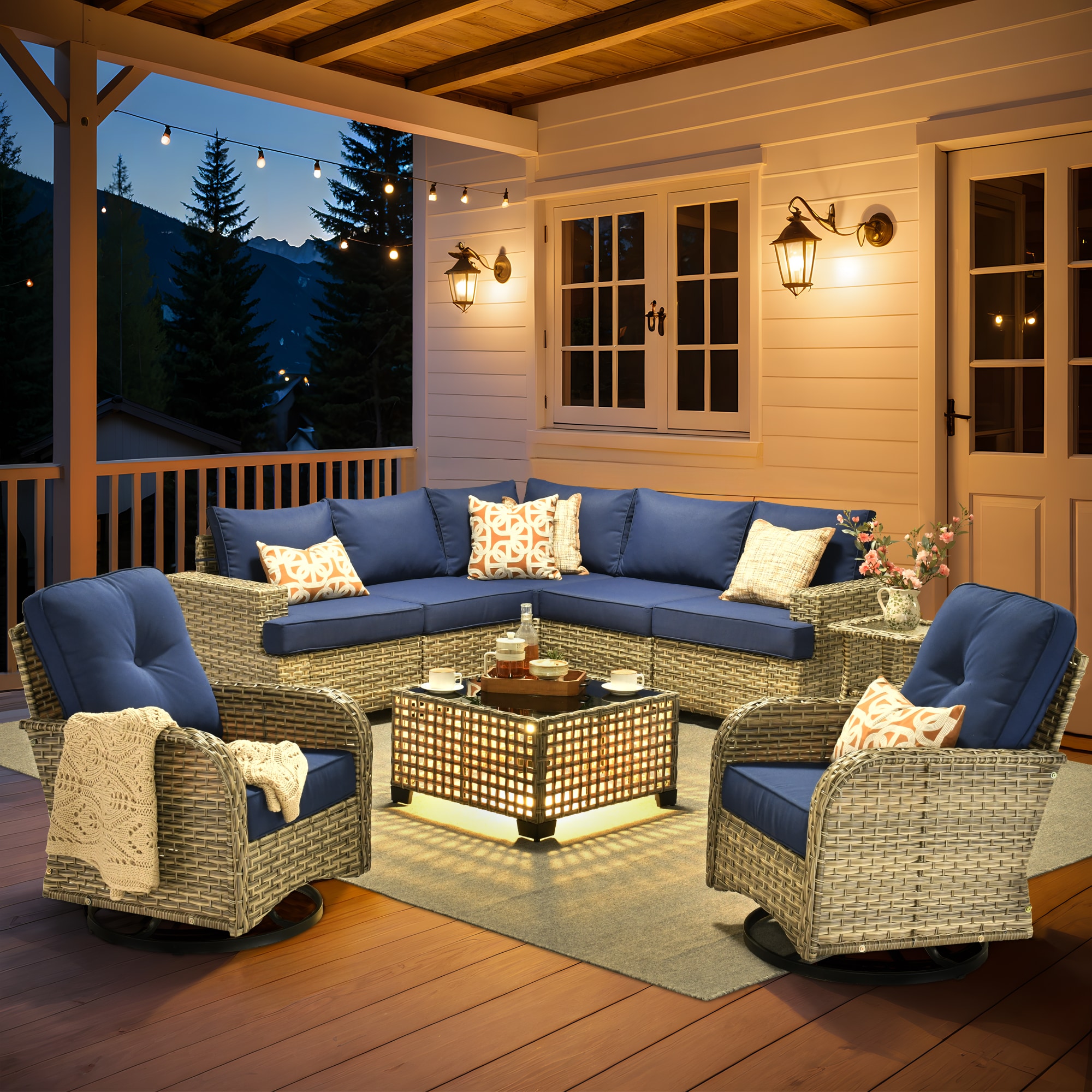 XIZZI XITBS707C4-VNCRC Agate Rattan Outdoor Sectional with Navy Cushions and Steel Frame