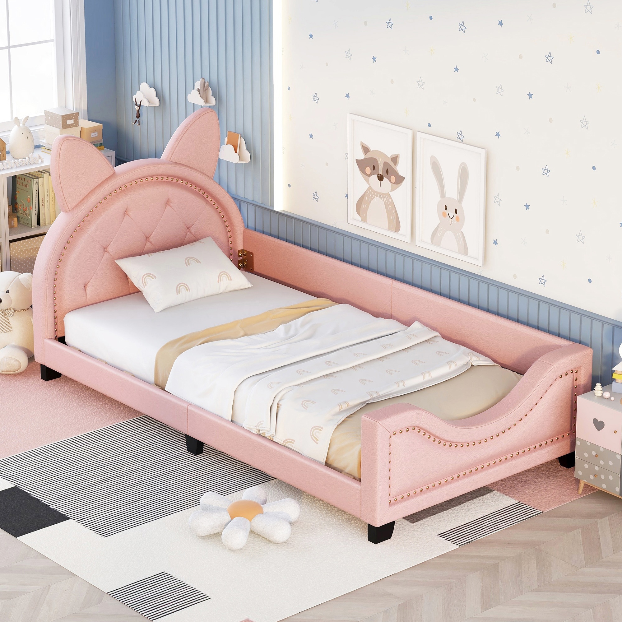 Clihome Pink Platform Bed Pink Twin Composite Upholstered Bed in the ...