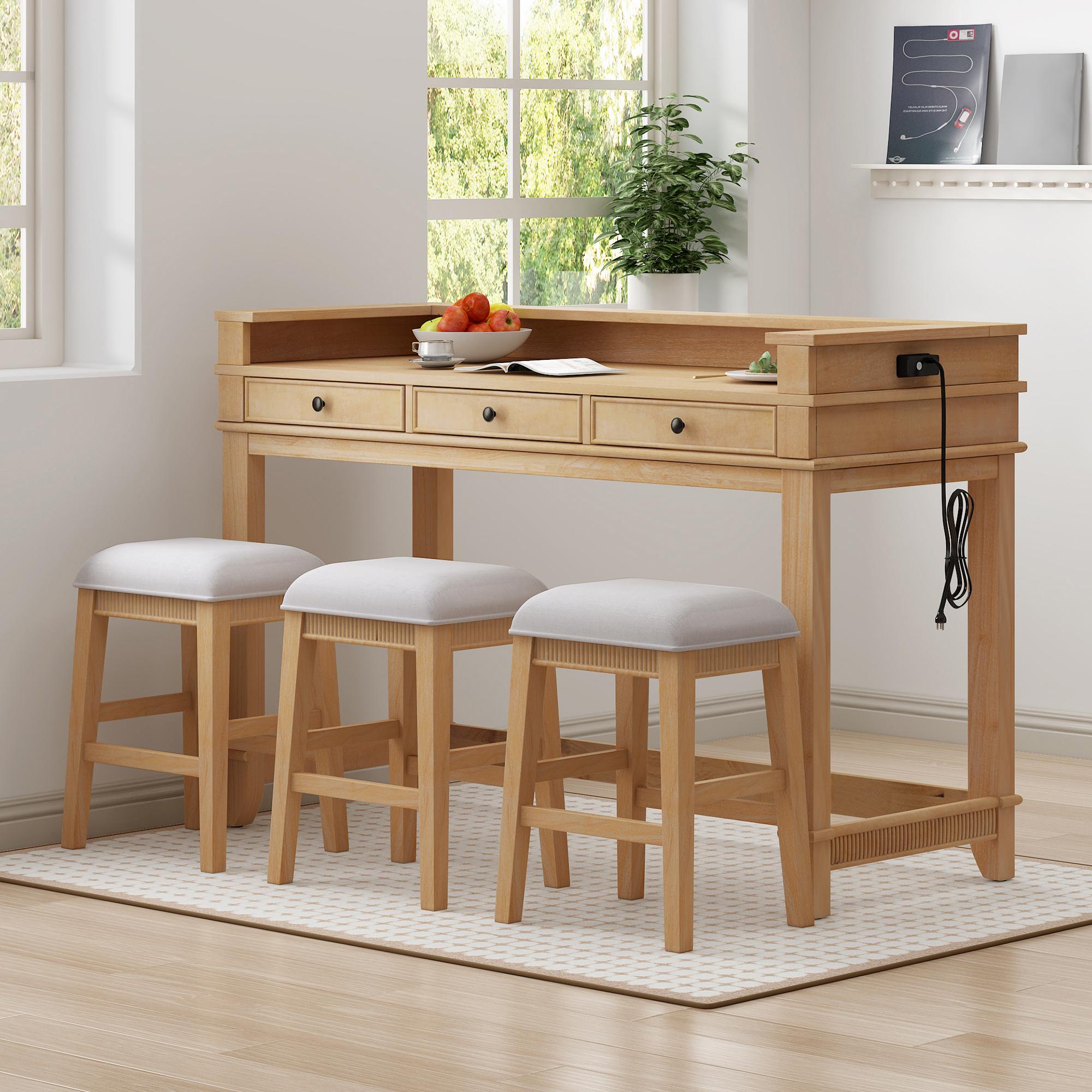 Bayfeve BF-ST135N-IN Bar Table Set Natural Brown Rustic Dining Room Set with Rectangular Table ( Seats 3 )