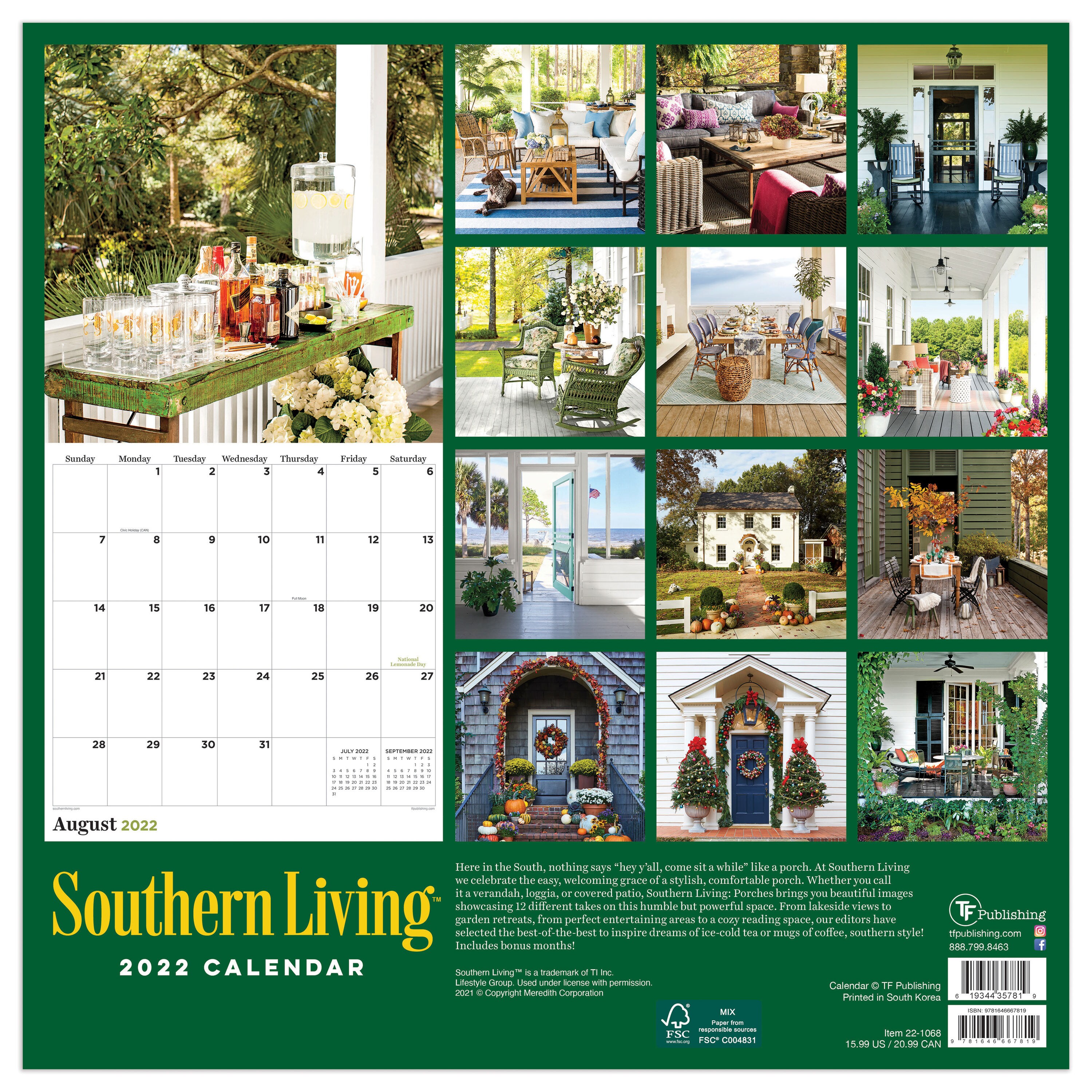 TF Publishing 2022 Southern Living Porches Wall Calendar in the