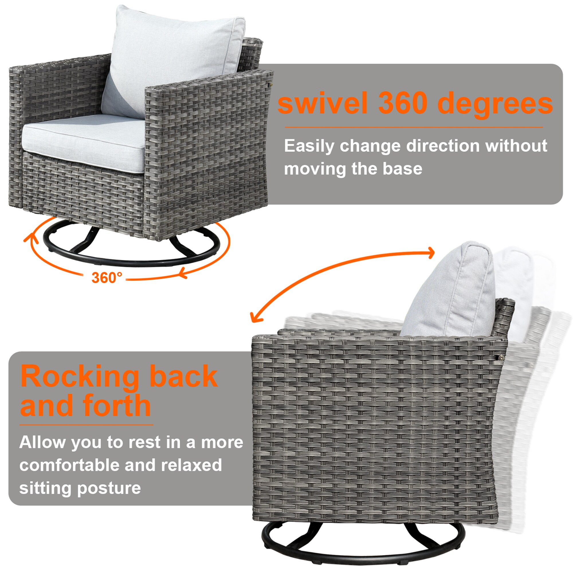 Pouuin 5-Piece Rattan Patio Conversation Set with Gray Olefin Cushions ...