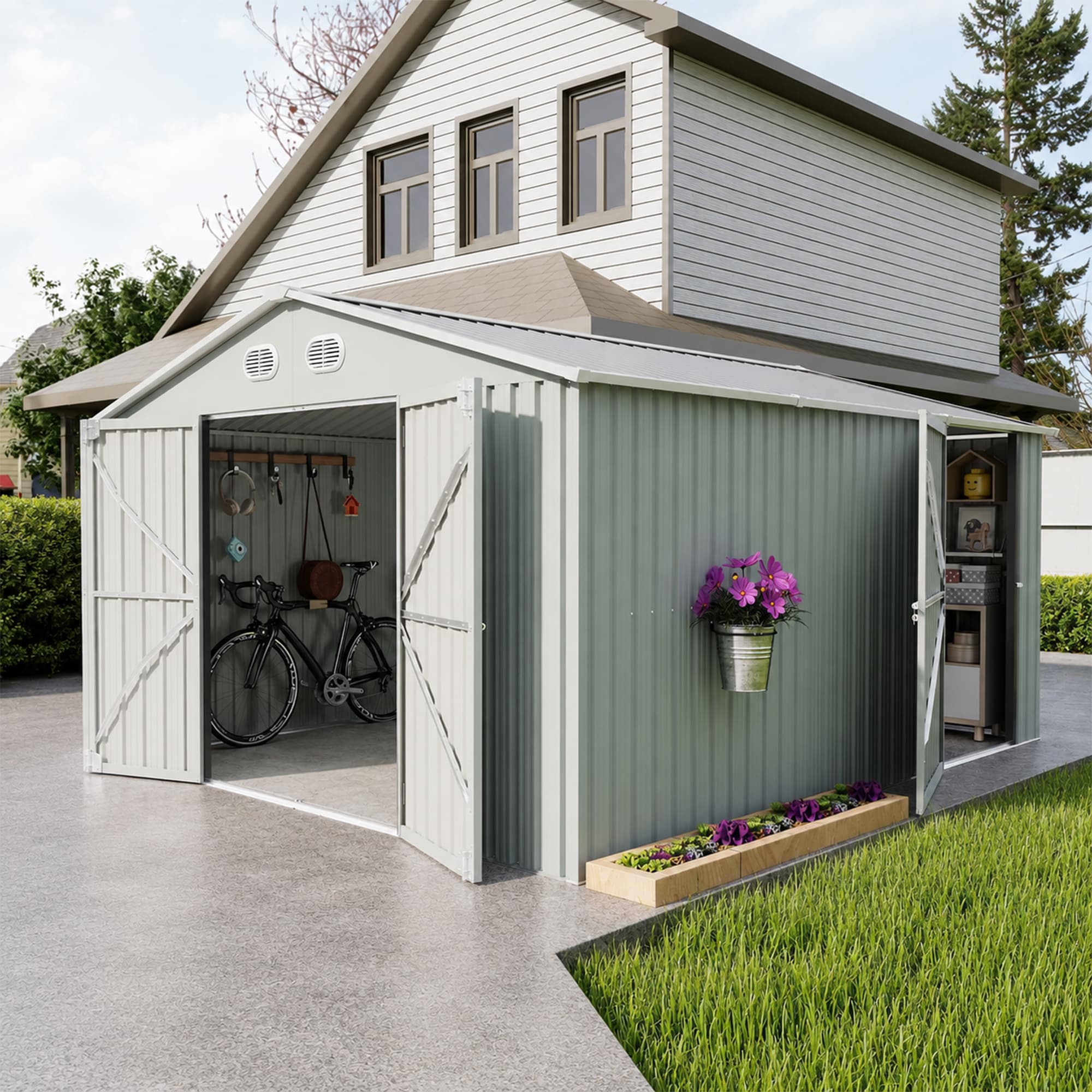 Mondawe 10-ft x 12-ft 3 Lockable Doors Metal Storage Sheds Galvanized steel Metal Storage Shed